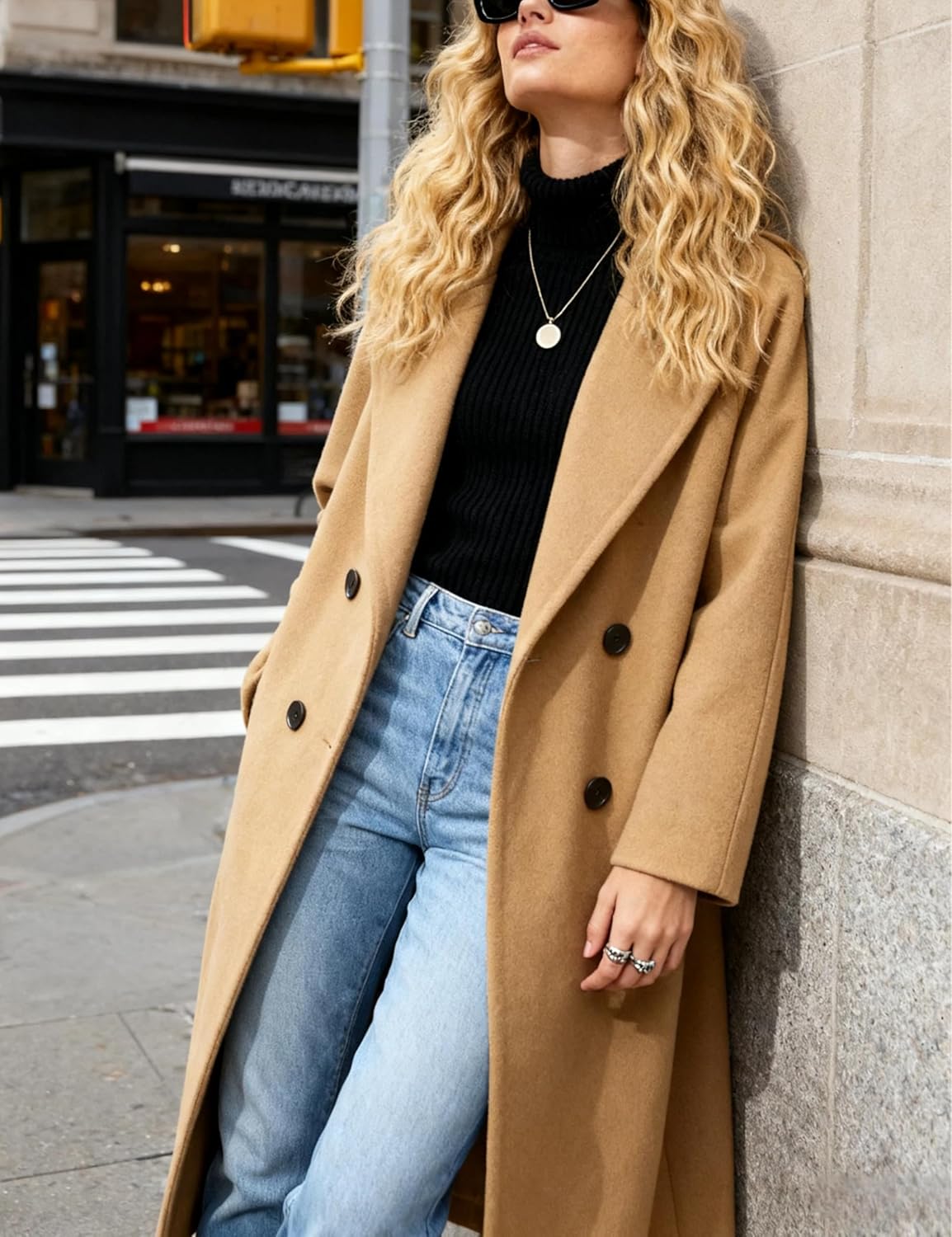 Majdan Women's Double Breasted Wool Blend Coat Notch Lapel Coat Winter Overcoat Mid Long Peacoat Long Jacket Outerwear - Image 9