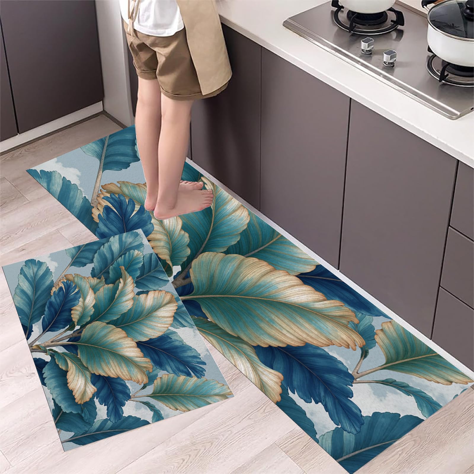 Alfombras de cocina decorativas azul marino con diseño tropical para proteger zonas de lavado