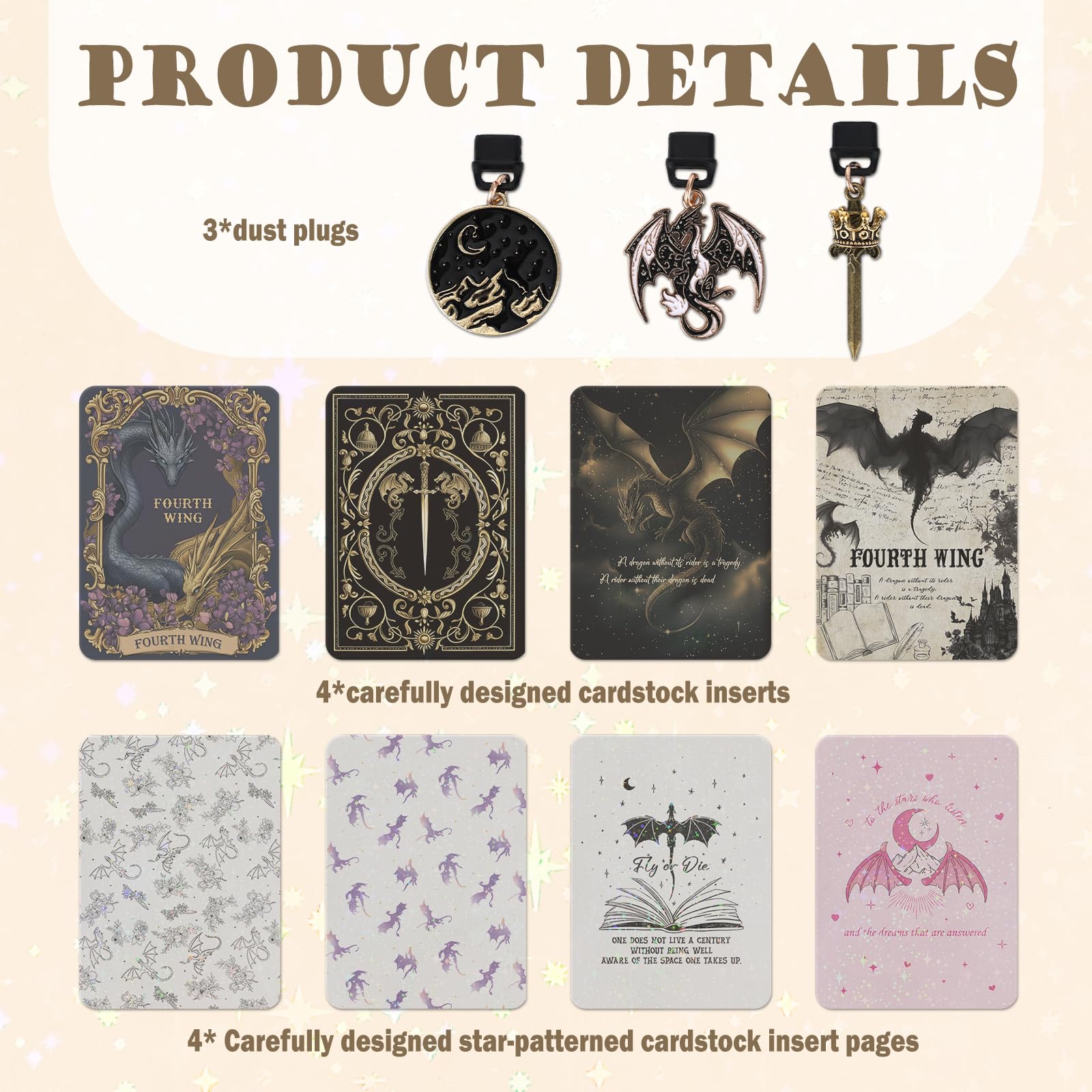 Berirexrion Inserts Cardstock for Clear Case - 11 PCs Dragon Acotar Moon Back Skin Decal Card Dust Plug Charms for Kindle Paperwhite 11th 12th Generation Accessories for E-Reader Bookish Reader Gifts — view 2