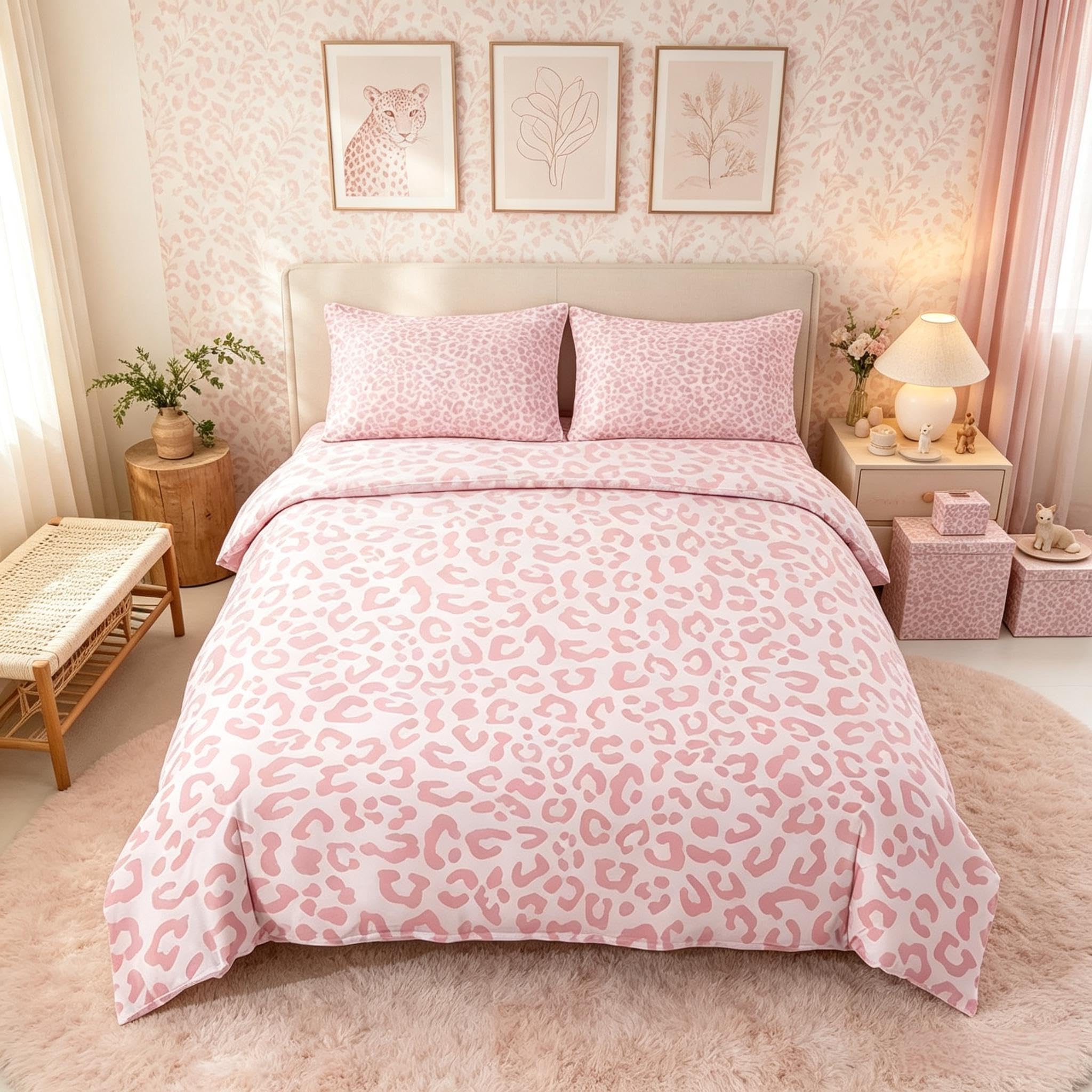Loussiesd Cute Leopard Duvet Cover Double Size Boys Girls Cheetah Bedding Set Breathable Soft Pink Animal Print Bedspread 3Pcs Bedroom Decor Microfiber Zipper Closure