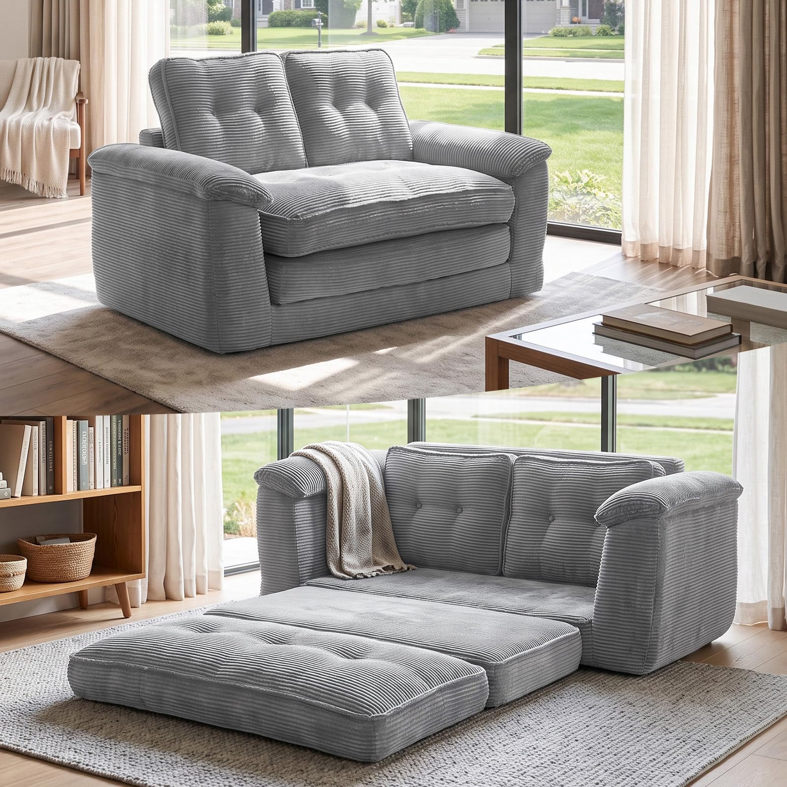 Karl home 2 Seater Boneless Sofa Bed, Convertible Pull Out Couch,Light Grey