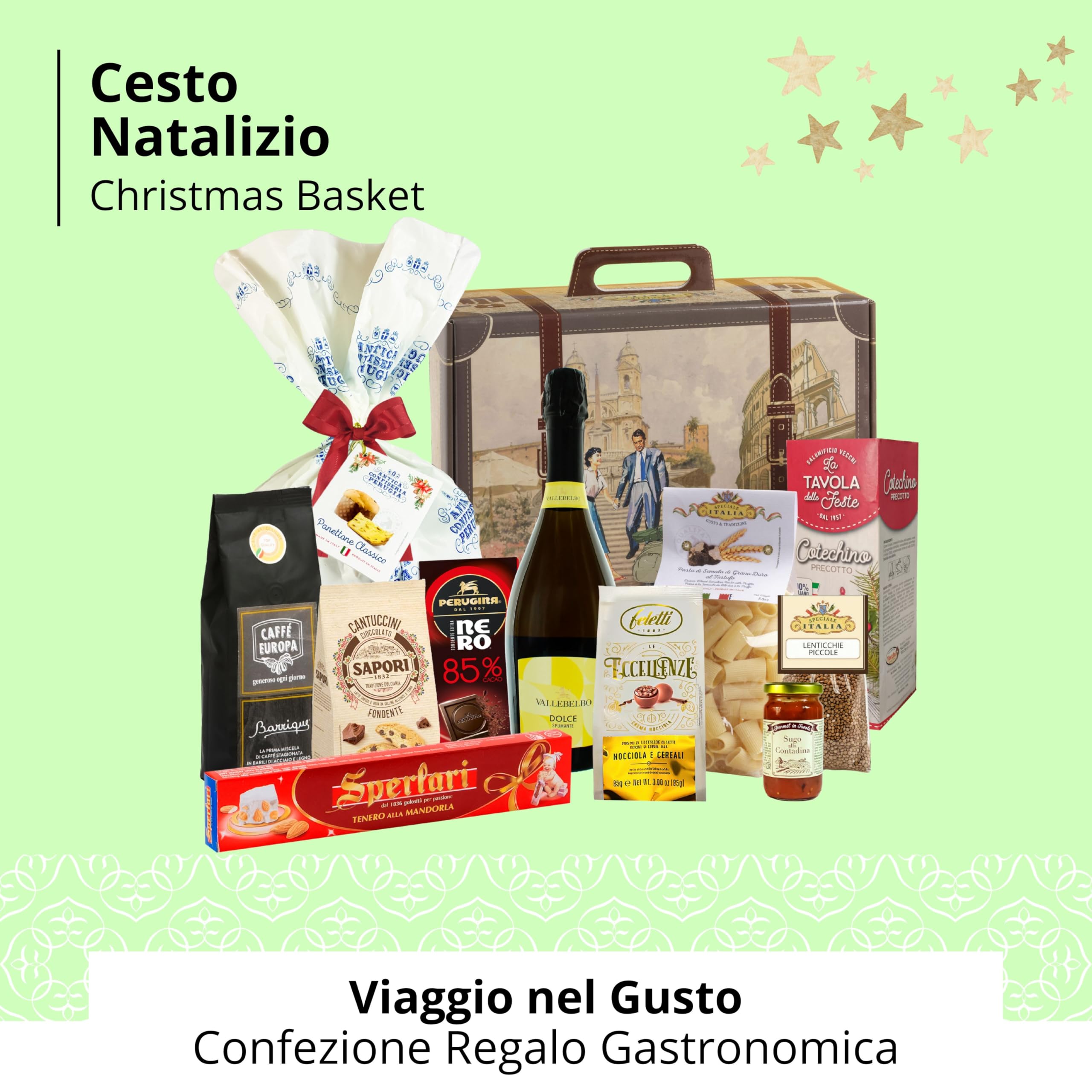 Cesti Natalizi Speciale Italia – Confezione Regalo Natale Viaggio nel Gusto con Panettone da 500g, Spumante, Prodotti Gastronomici e Dolciari, 11 pezzi