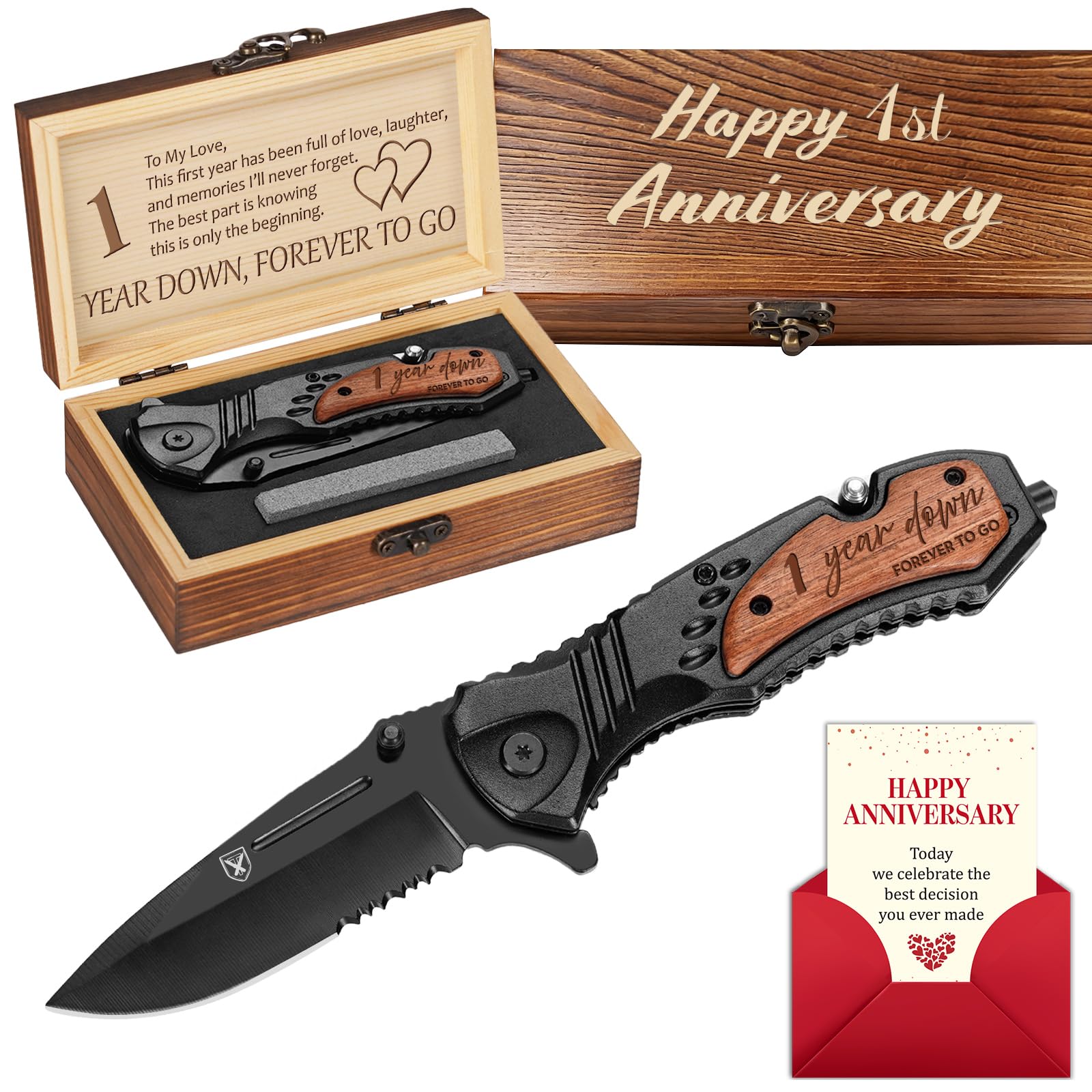 Titorld engraved pocket knife with wooden handle
