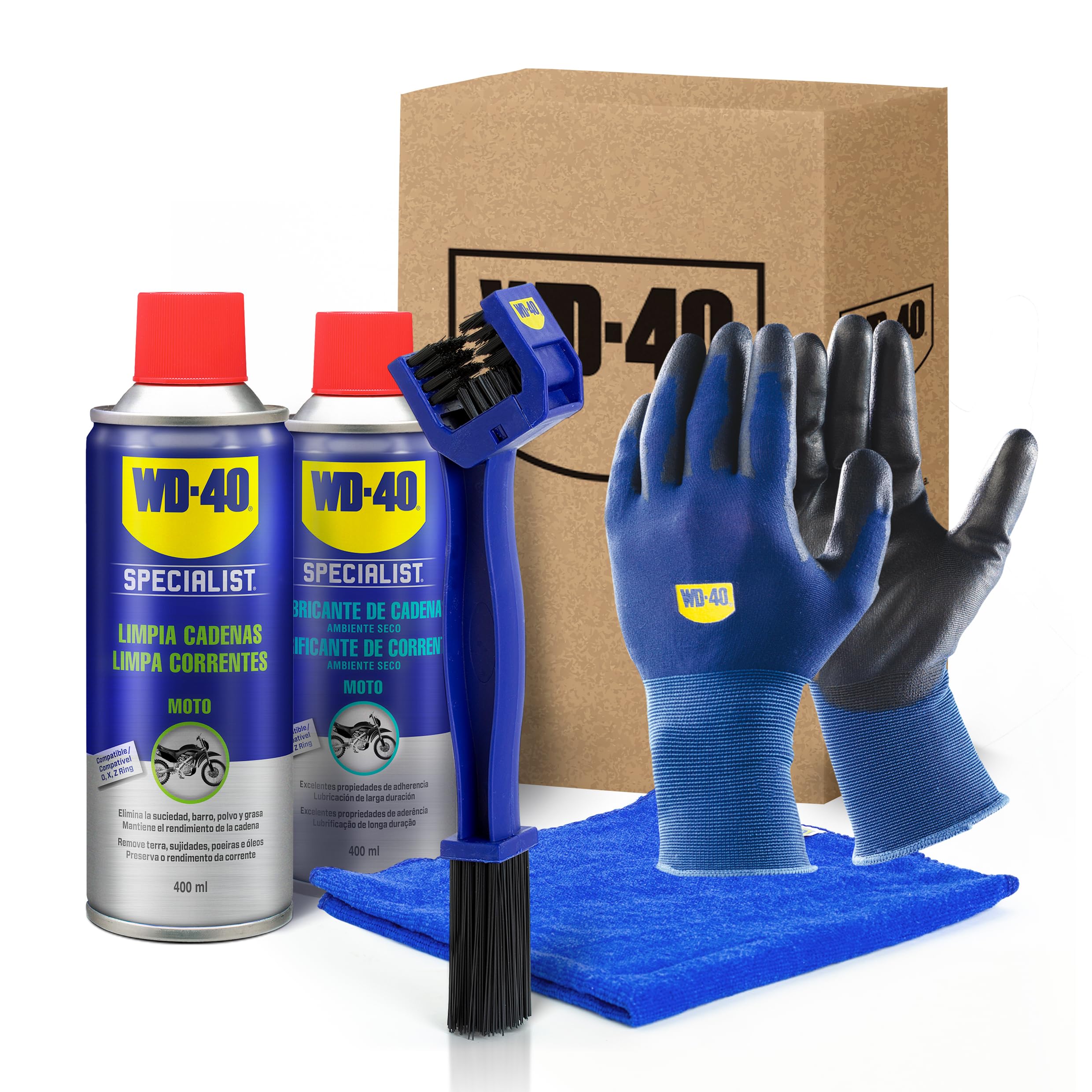 WD-40 Specialist Motorbike Kit Mantenimiento Cadena Moto Ambiente Seco (Limpia Cadenas + Lubricante de Cadenas Ambiente Seco + Cepillo Limpia Cadenas + Guantes de Trabajo +Paño de Microfibra) - 2
