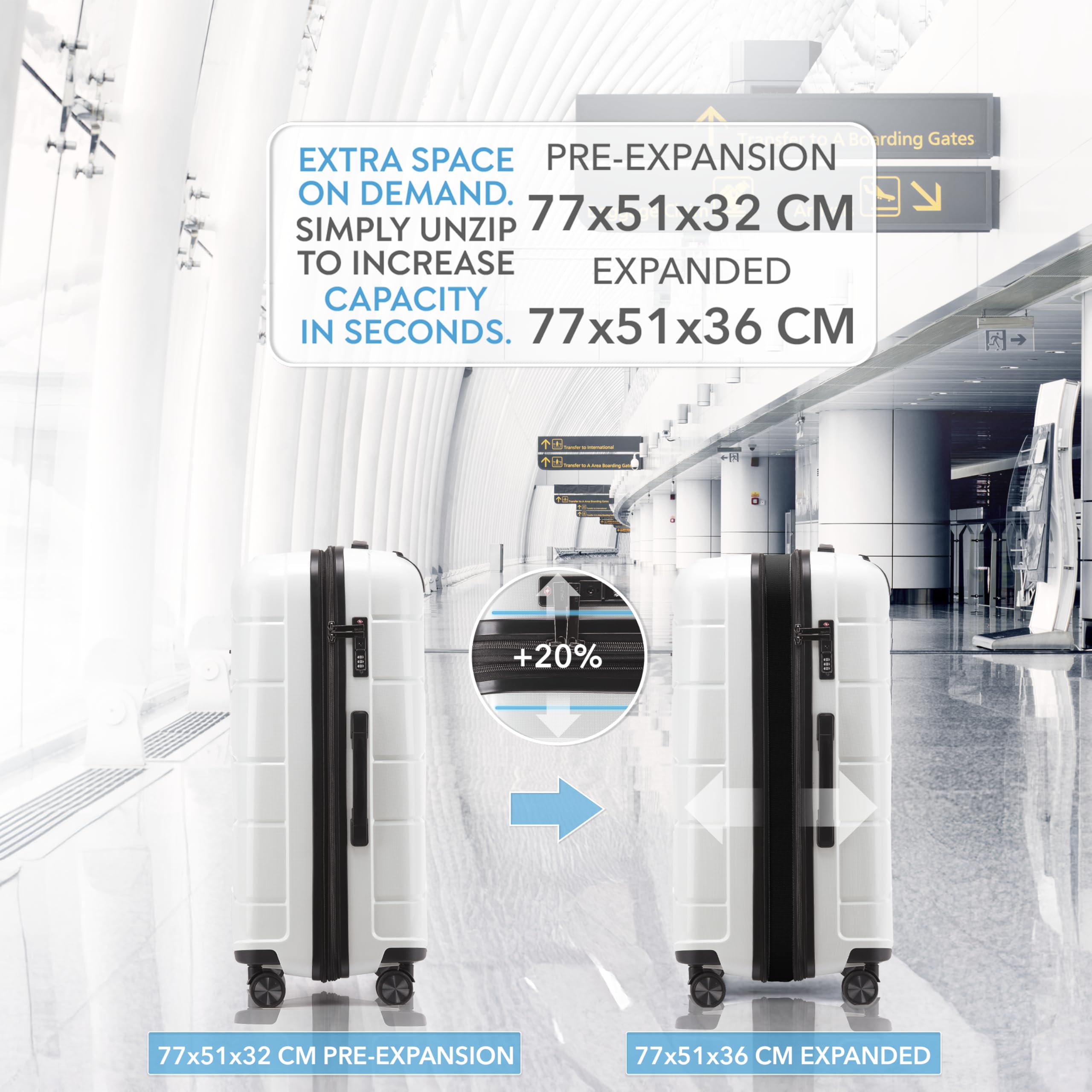 CRUW Large 28" Checked Luggage 77x51x32cm + Expandable Hold Baggage (114/121 Liters) Polypropylene Suitcase TSA Approved Lock 8 Silent Spinner Wheels Lightweight Suitcases Airline-Approved Travel
