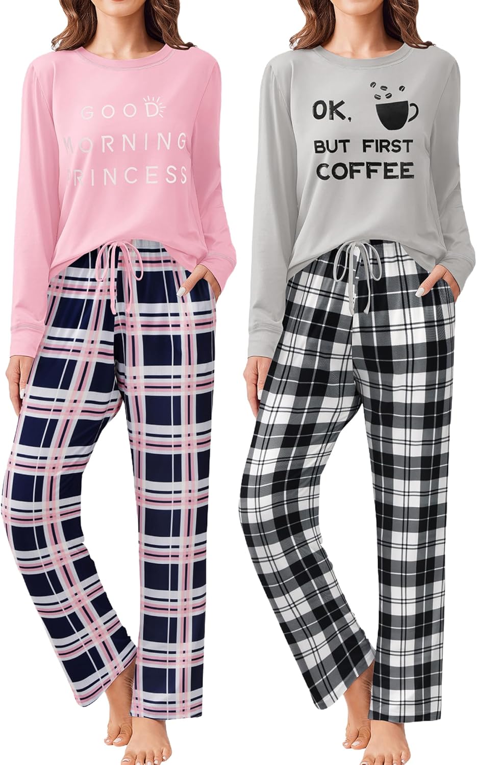 Ekouaer 2 Pack Women Pajama Long Sleeve Sleepwear Soft Loungewear Pjs Sets with Pockets S-XXL