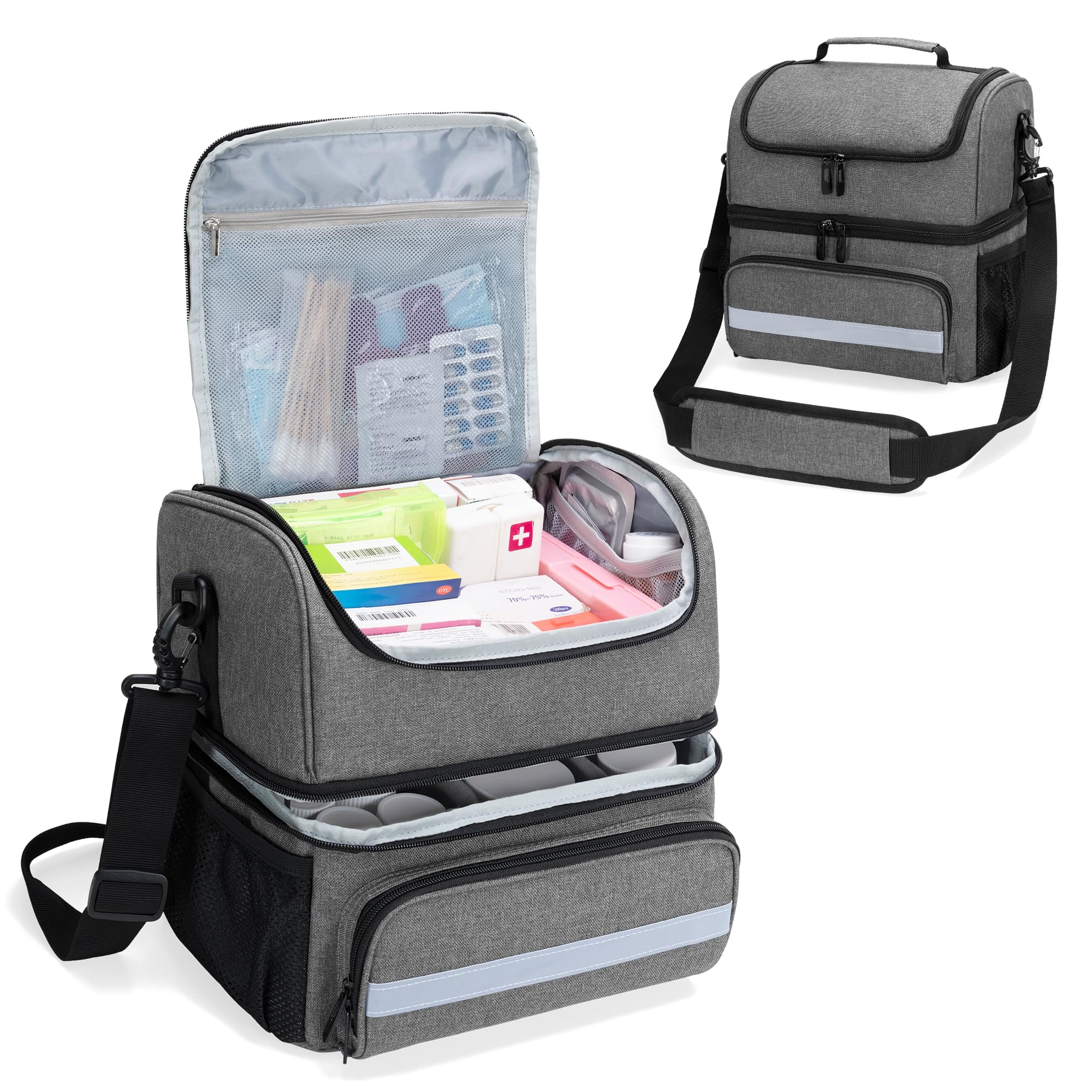 CURMIO Bolsa Médica de Doble Capa, Botiquín de Primeros Auxilios Domiciliaria, Bolsa de Emergencia para Medicamentos, Vitaminas, Suministros Médicos, Vacia, Gris