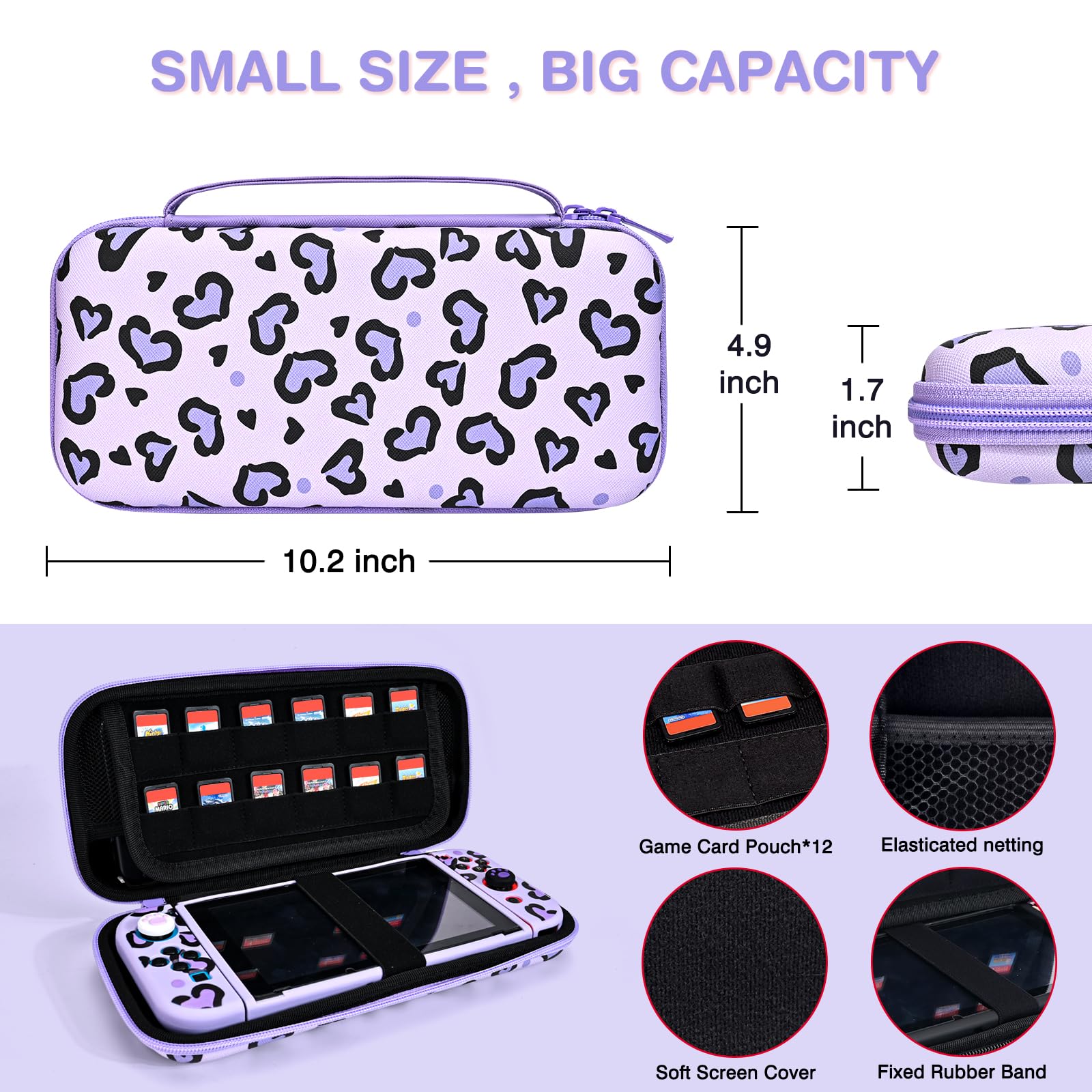 DLseego Étui de Transport pour Nintendo Switch, Housse de Transport et Coque Souple avec 4 Capuchons Joystick, 1 Breloque en Peluche en Forme de Cœur, Violet