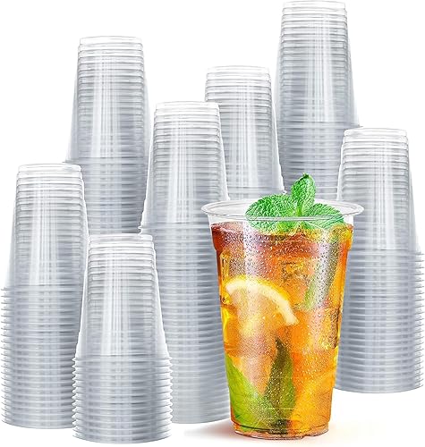 Prestee 100 tazas transparentes con tapas, 16 onzas, vasos de plástico sin popote con tapas, tazas desechables para café helado, vasos de plástico