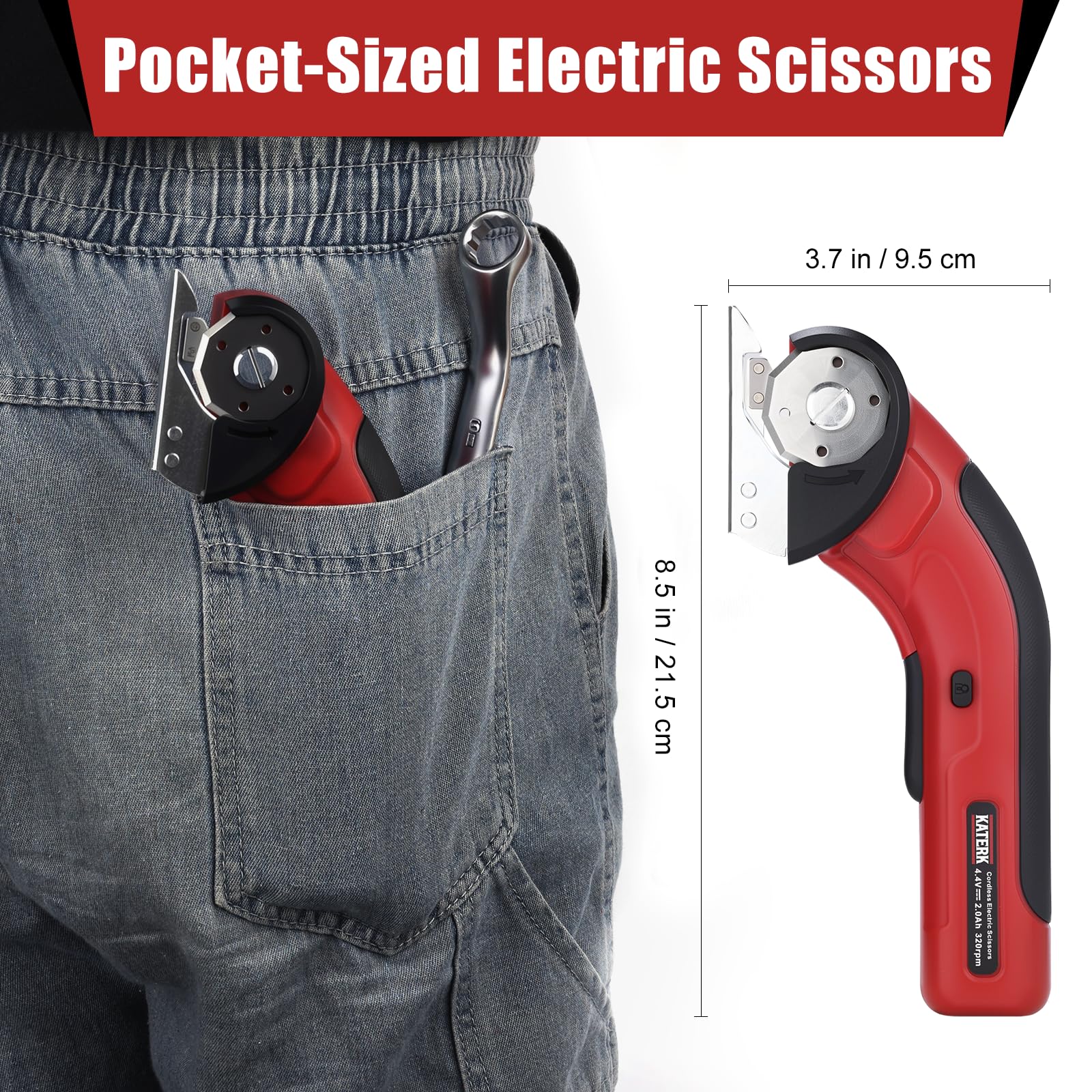 Katerk Electric Cardboard Cutter 4.4V, Cordless Electric Scissor with 2pcs Self-Sharpening Blade USB Rechargeable Safety Lock, Power Rotary Box Cutter for Fabric, Carpet, Plastic