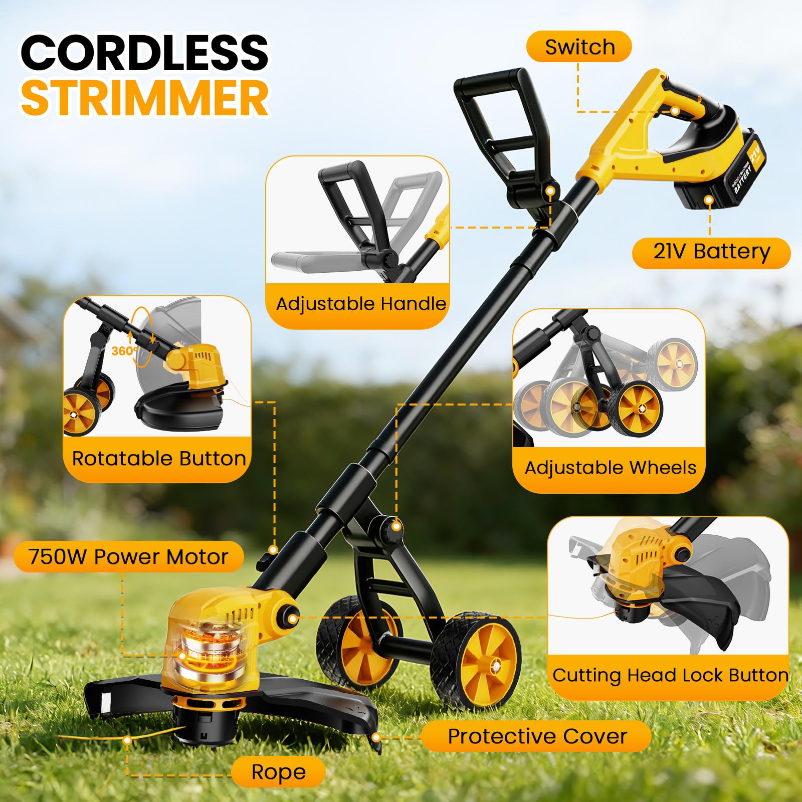 Debrouissalleuses Electrique sans Fil avec Roue, 36CM Coupe Bordures à 2×3,0 Ah Batterie et Chargeur, 800W Moteur sans Brosse,Débroussailleuse à Batterie avec 8 bobines pour Jardin et Pelouses