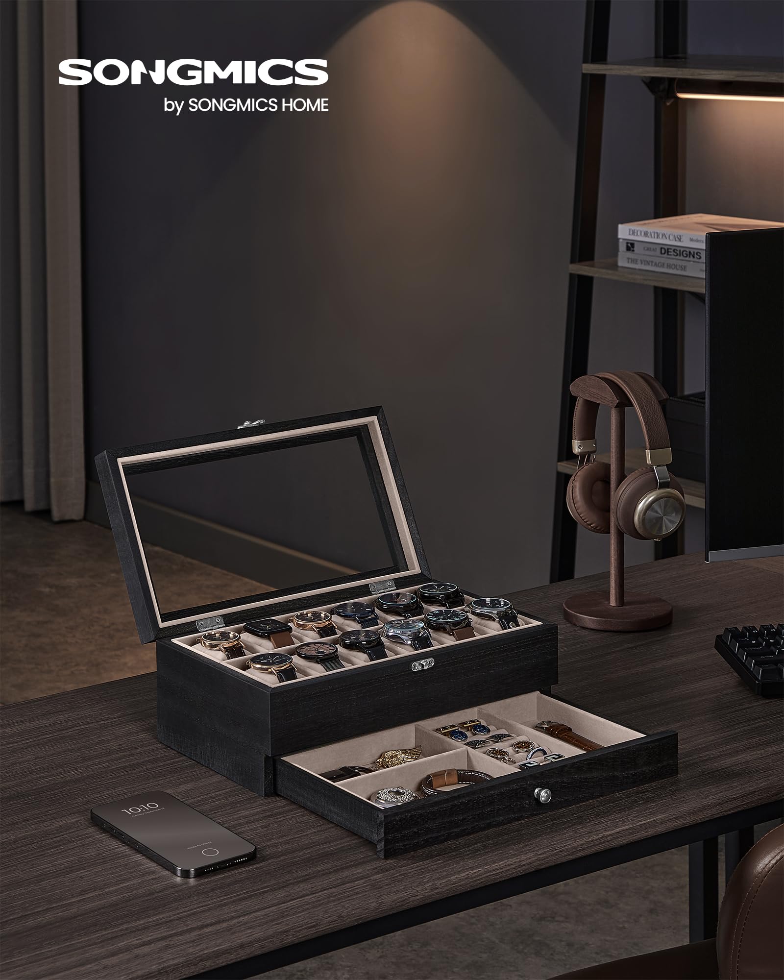 SONGMICS Porta Orologi a 12 Scomparti, Scatola Portaorologi a 2 Livelli, Coperchio in Vetro, con Cuscinetti, Fodera in Velluto, Idea Regalo, Nero Ebano JOW012B01