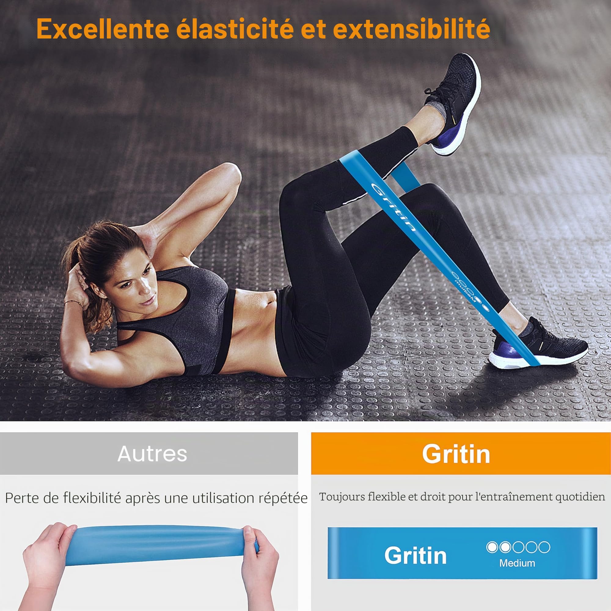 Gritin Lot de 5 Bandes Élastiques Fitness Résistance Latex Musculation Pilates Yoga 5 Niveaux Force avec Sac de Rangement