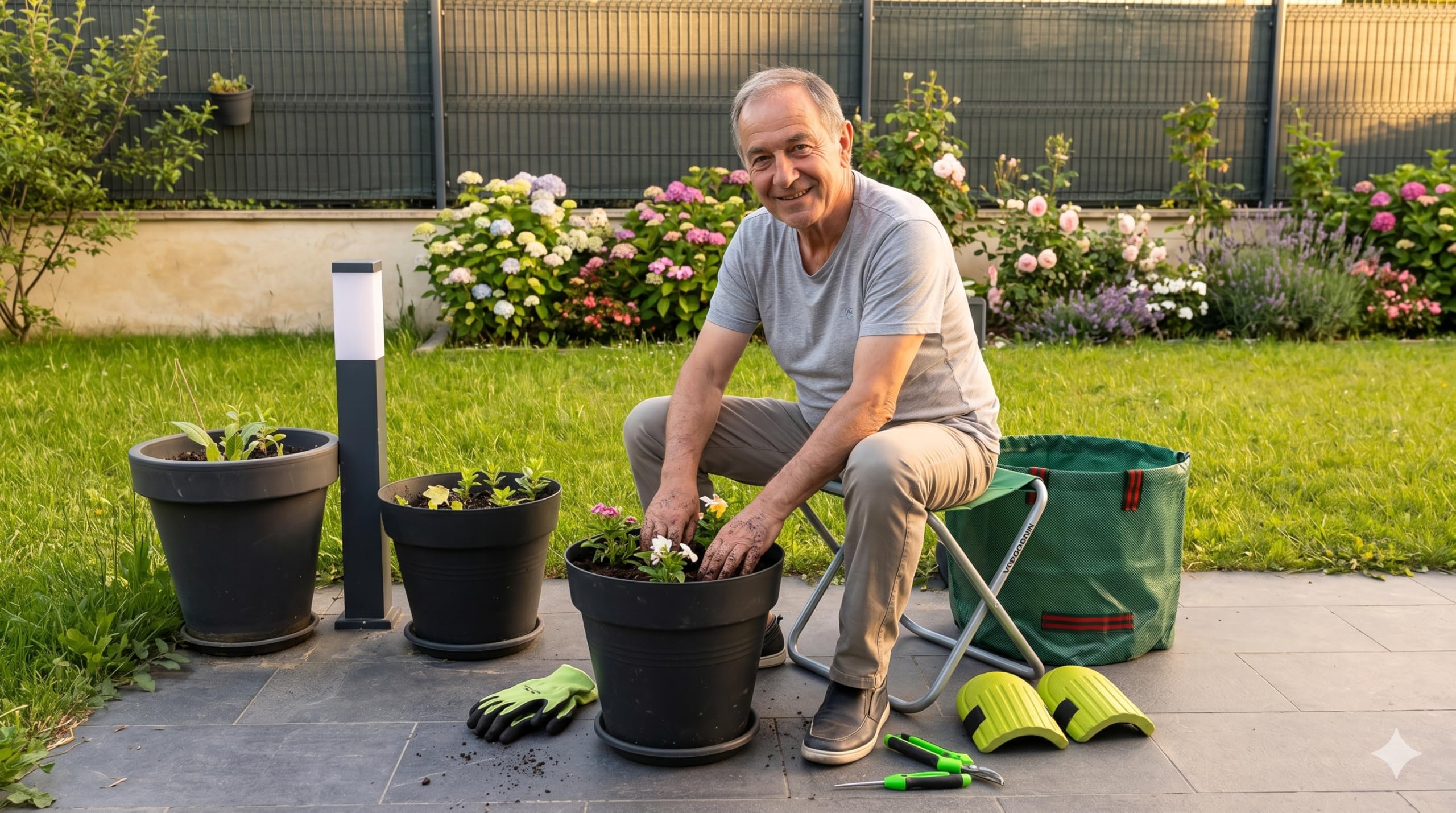 Kit Jardinage Ergonomique Verdorin – Tabouret Pliant + 12 Outils Acier Inoxydable + Sac + Gants + Genouillères – Jardinez sans Douleur au Dos ni aux Genoux