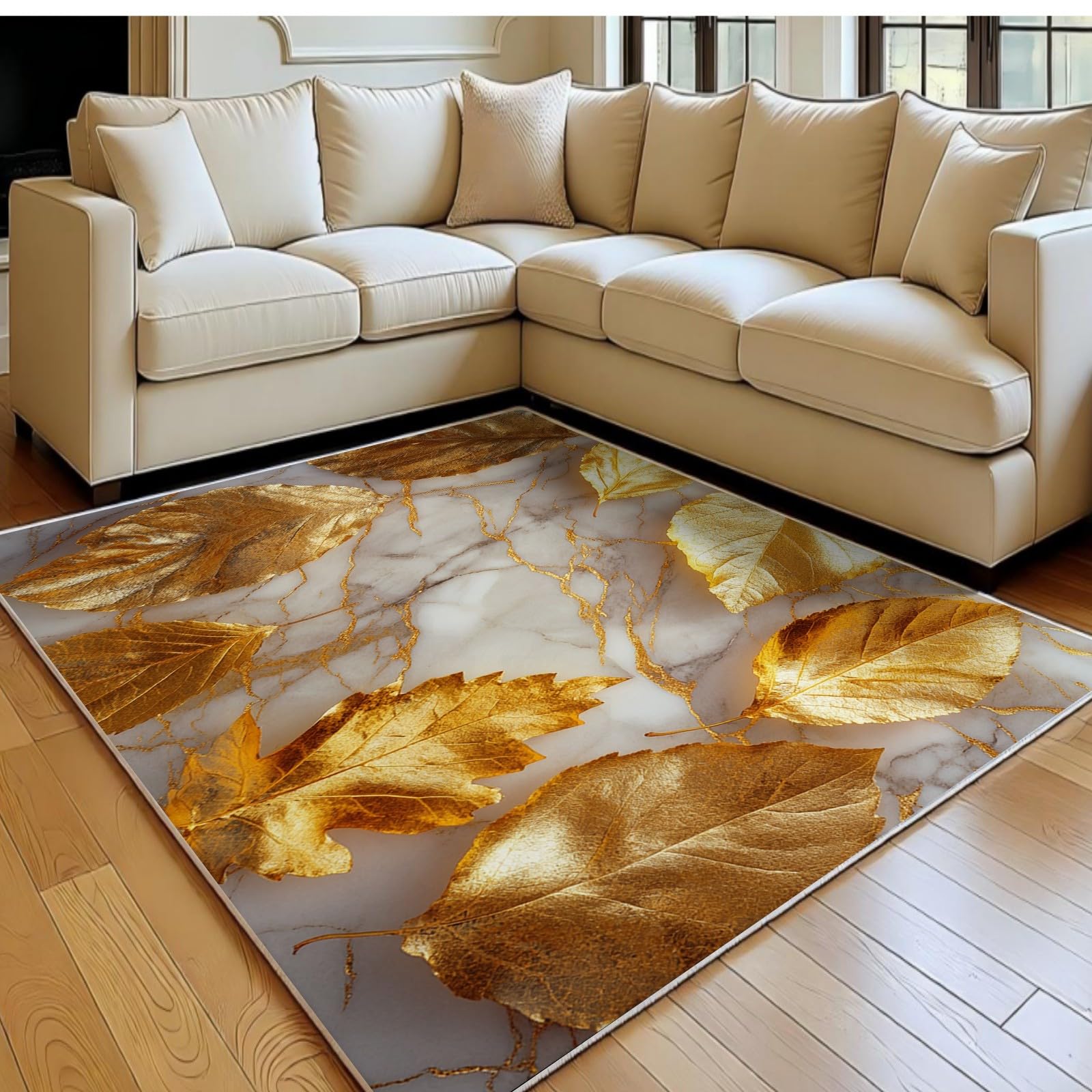 Tapis de salon lavable en machine et antidérapant motif feuilles or