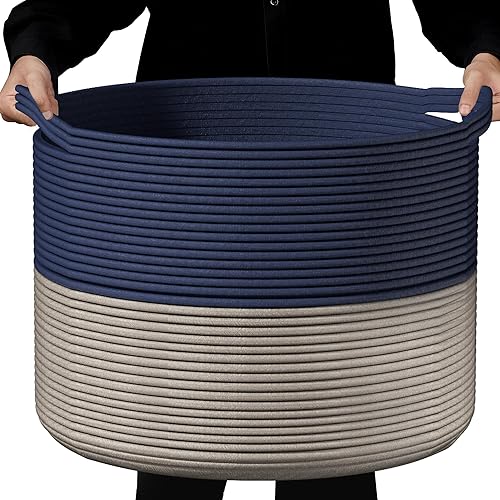 Cotton Rope Storage Bin - Large Woven Blanket Basket 22''x 22''x 14'' with Handle, Laundry & Pillow Basket for Living Room (Navy Blue)(Navy Blue)