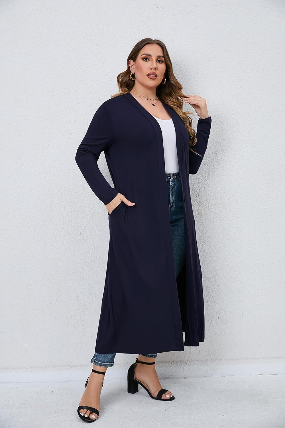 Women Plus Size Floor Length Open Front Drape Cardigan Lightweight Long Sleeve Maxi Duster with Pockets 1X-5X - Image 6