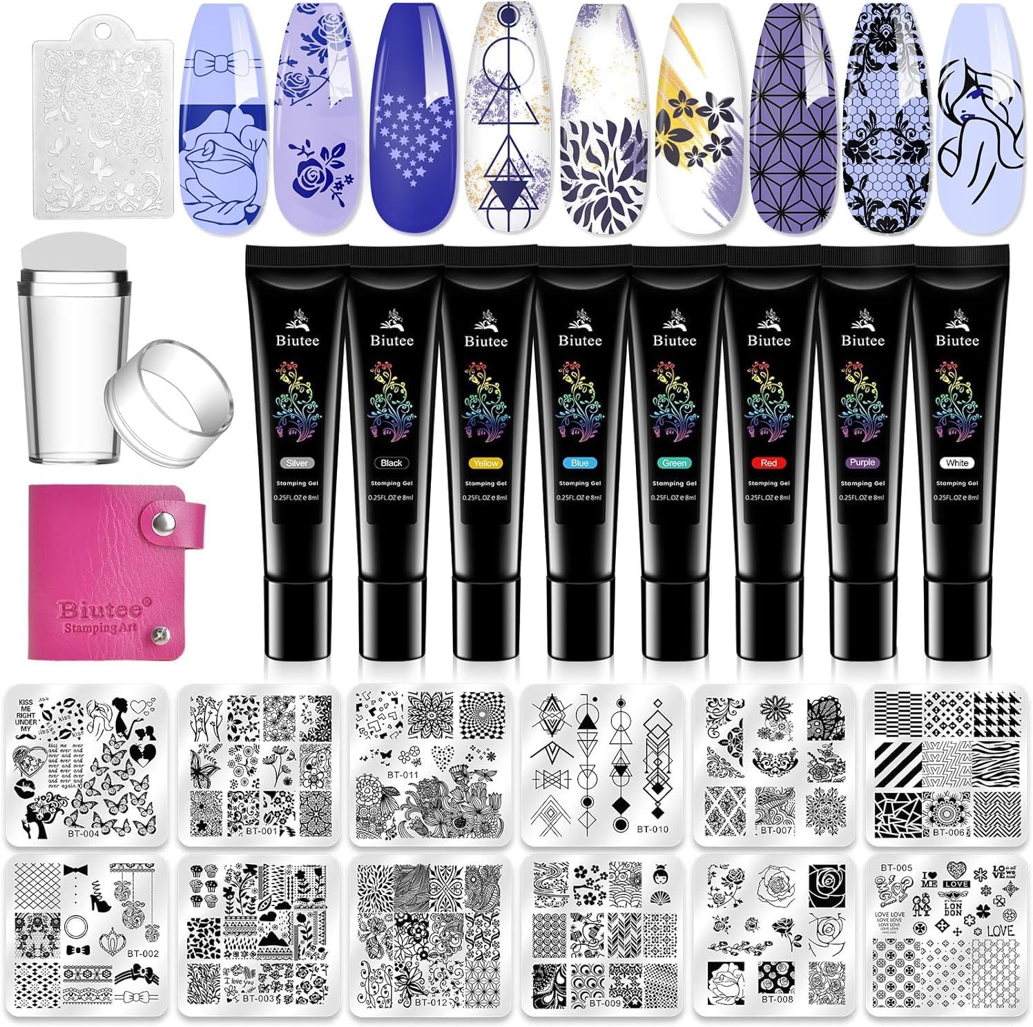 Biutee Nail Stamper Kit 12Pcs Nail Stamping Plate 8Pcs Stamping Gel Polish Nail Stamping Kit with Silicone Stamper Scraper Storage Bag Lace Plaid Stamp Template Holiday Gift for Women