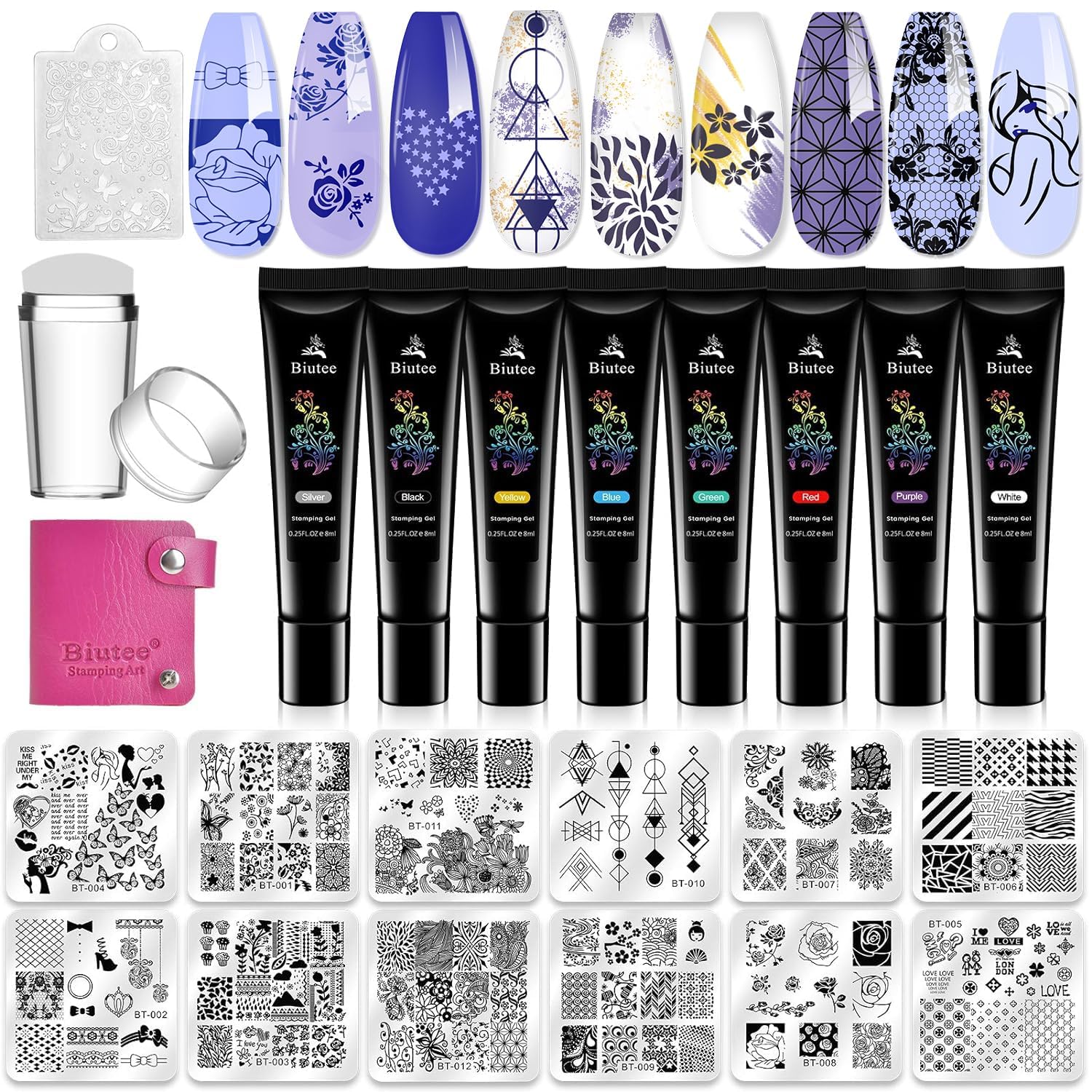 Nail Stamper Kit 12Pcs Nail Stamping Plate 8Pcs Stamping Gel Polish Nail Stamping Kit with Silicone Stamper Scraper Storage Bag Lace Plaid Stamp Template Holiday Gift for Women