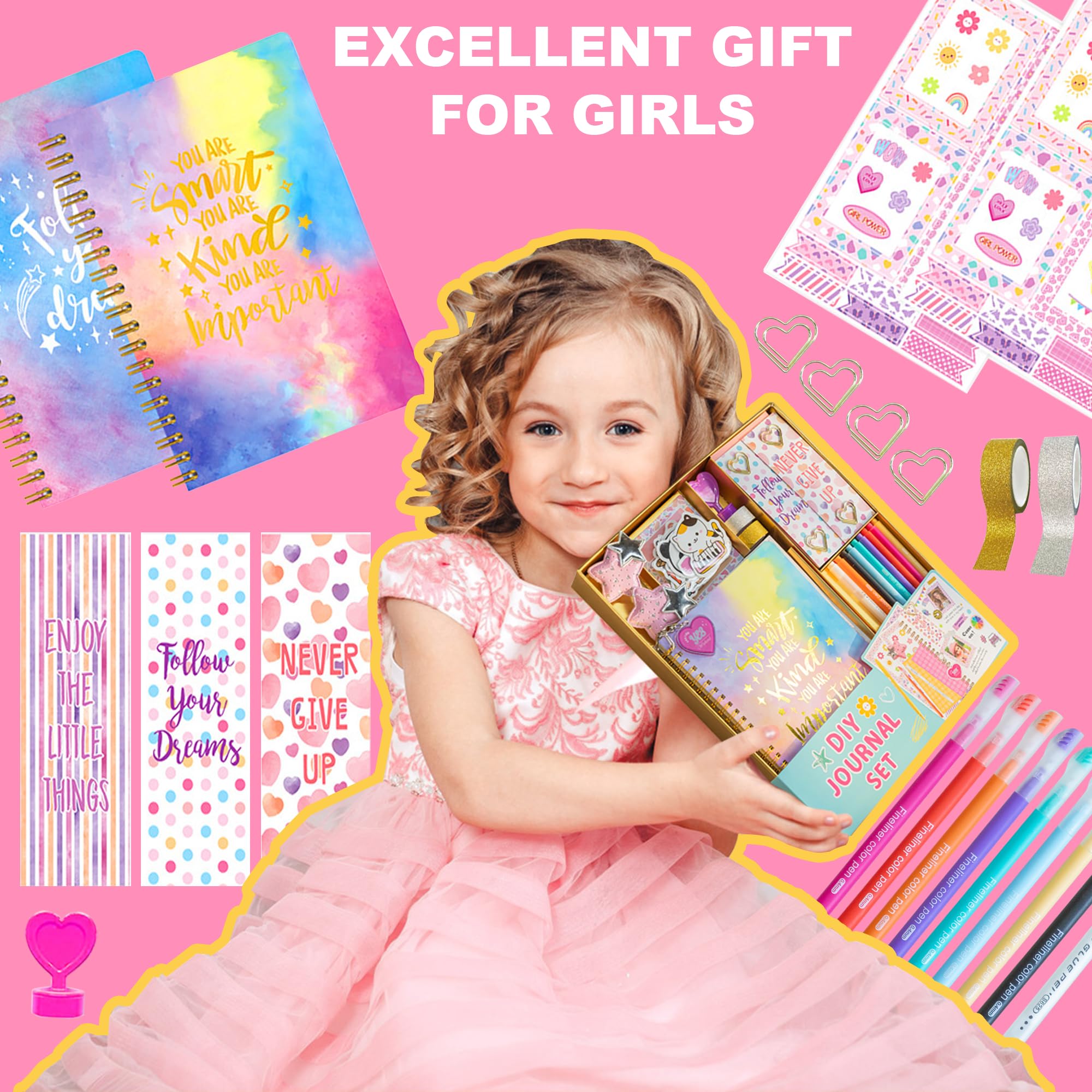 HoomTop 2-Pack DIY Journal Kit for Girls Ages 7 8 9 10 11 12 13 14 Year Old, Perfect Birthday Gifts for Teens, Creative Diary with Stationery Set, Stickers, Watercolor Pens
