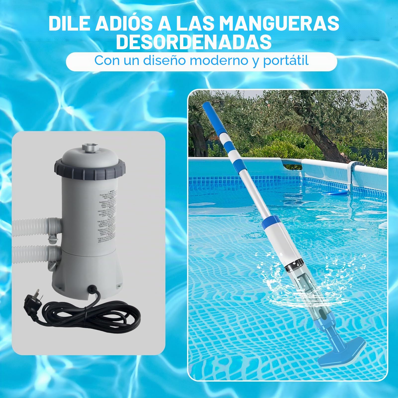 Bostar Aspirador Piscina 3 en 1 con Mango Telescópico 20L/min Caudal de Succión, Limpiafondos de Piscina a Bateria Inalámbrica para Pequeñas SPA Piscina