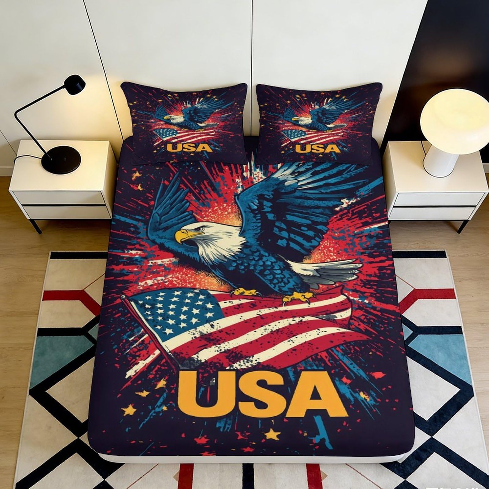 3D Printed American Eagle Fitted Sheet Microfiber Soft Patriotic USA Flag Mattress Cover for Bedroom Dorm Decor 90x200x25cm