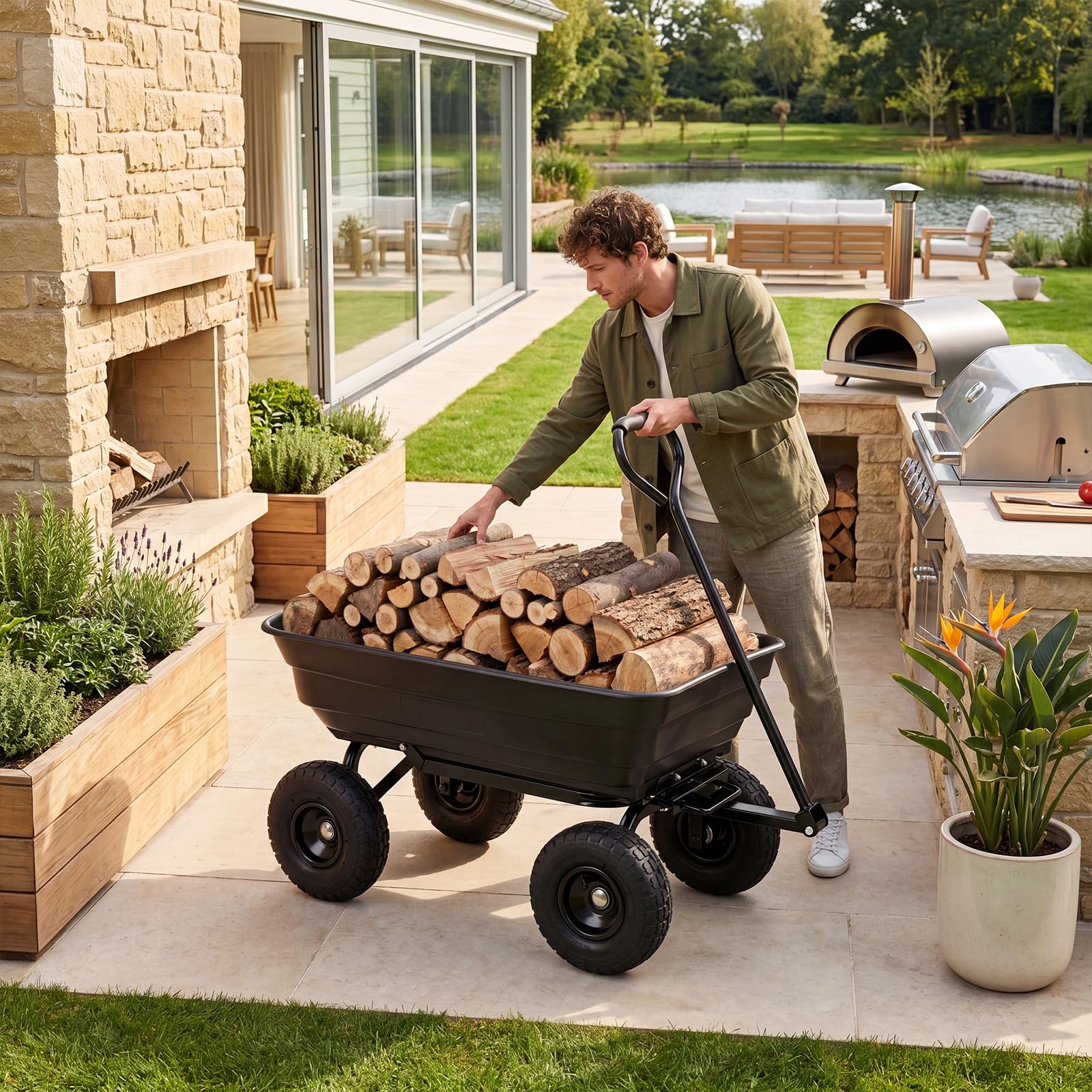 HOMASIS Gartenwagen mit Kippfunktion, belastbar bis 300 kg, Schwarz | Handwagen mit 75L Kunststoffwanne, verstellbarem Griff & stoßdämpfenden Luftreifen, Transportwagen für Hof & Supermarkt