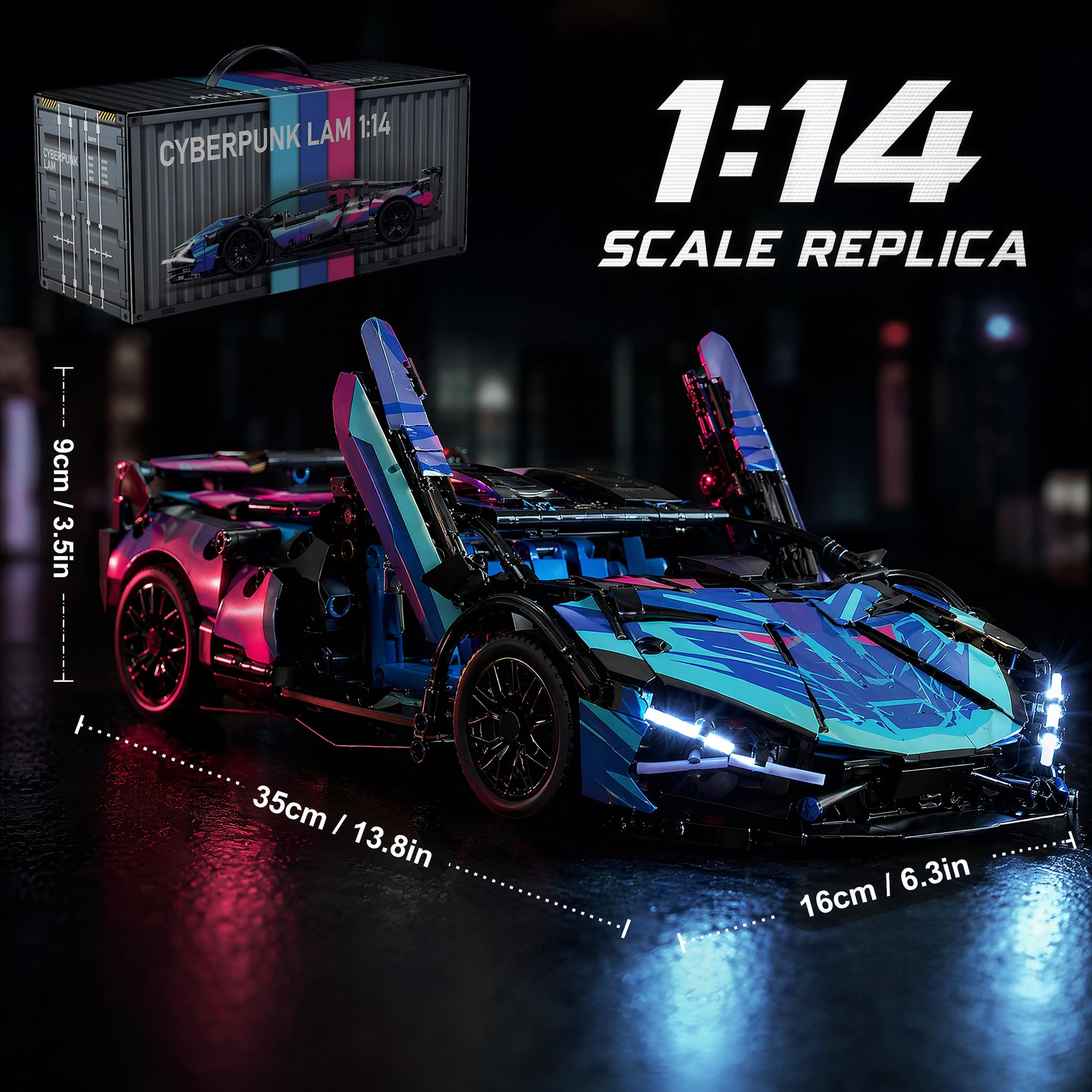ferngesteuertes Auto, RC Auto, 1:14 mit LED Modell Bausatz | Auto-Kit mit 825 Teilen, LED-Lichtern, App-Play, und 2,4-GHz-Fernbedienung; gebaut für Familienbau, Indoor-Fahren, Display