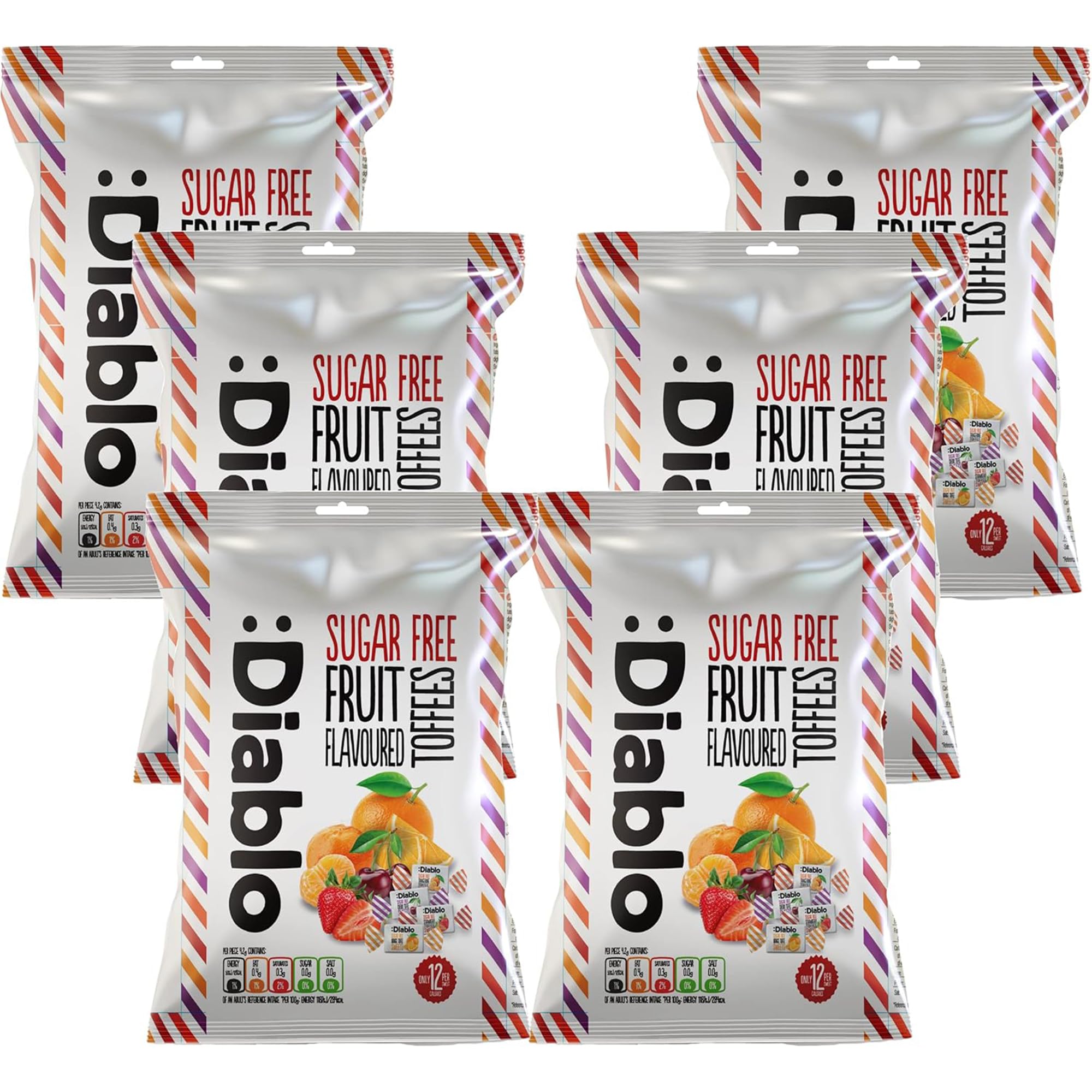 Diablo Sugar-Free Fruit Flavoured Toffee – Sugar-Free Candy Sweetened with Maltitol, Guilt-Free Treats for All Occasions, Ideal for Gift Boxes, Mother’s Day & Father’s Day – 75g, Pack of 6