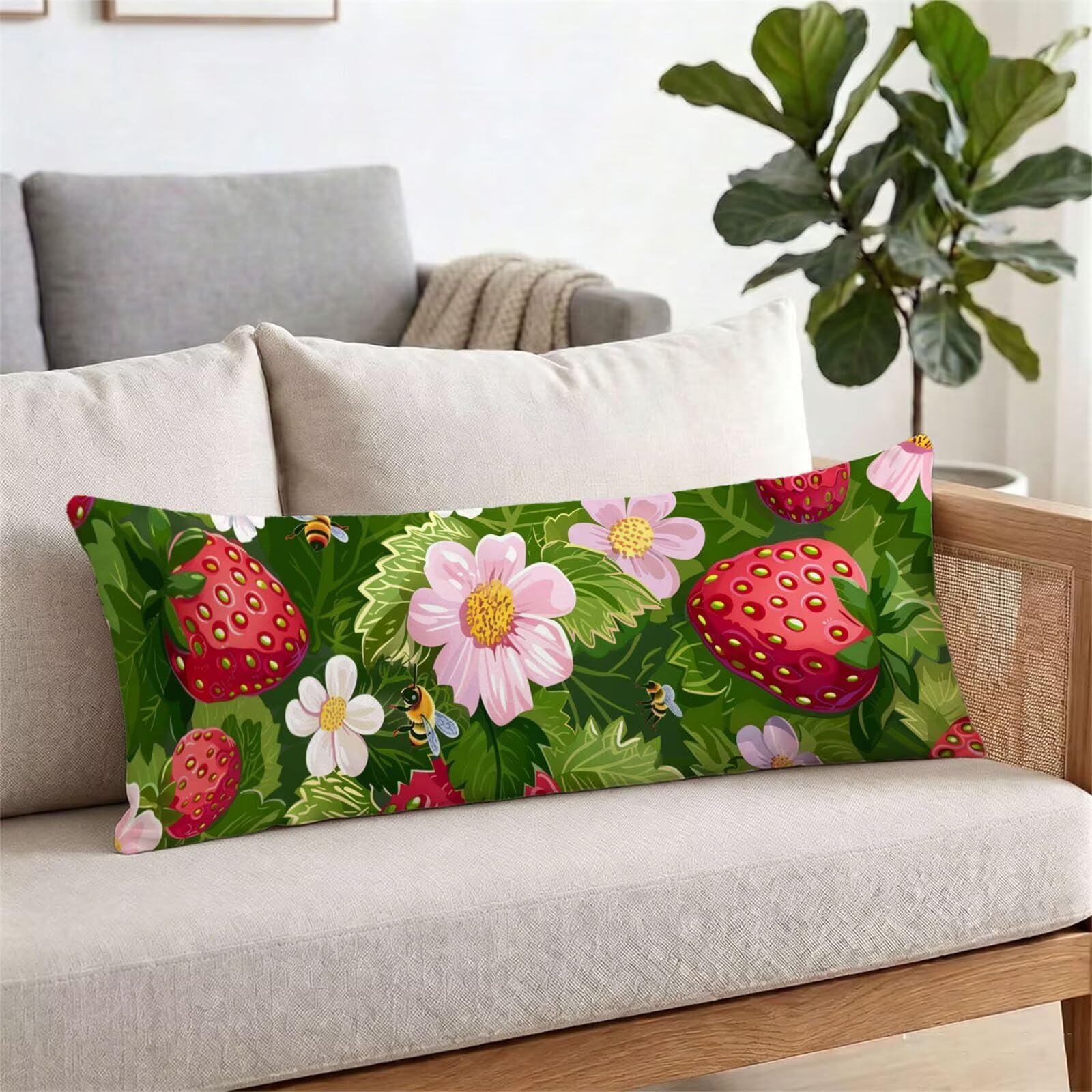 Funda de Almohada 60 x 180 cm Verde Protector Almohada 180 cm con Cremallera Invisible, Lino Durable y Transpirable Pillow Case Largas Fresa Impresión a Doble Cara para Cama, Sofá y Dormitorio dg-620