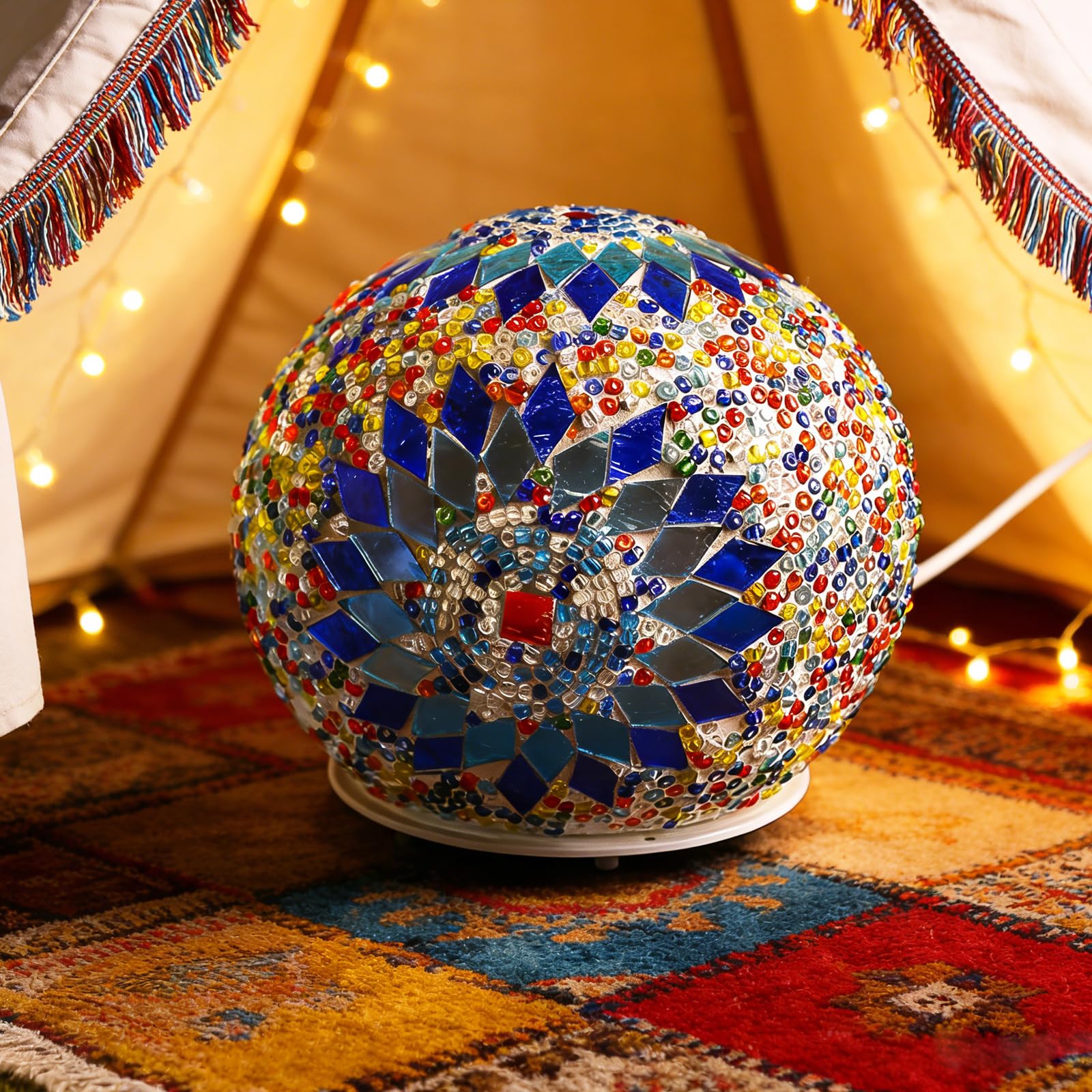 Turkish Bohemian Table Lamp 5V USB Power 360° Rotating Globe Shape Decor Lamp Dimmable Vintage Bohemia Night Light for Living Room Holiday Party Ramadan Decor Lighting Warm Home Gift Colored Glass