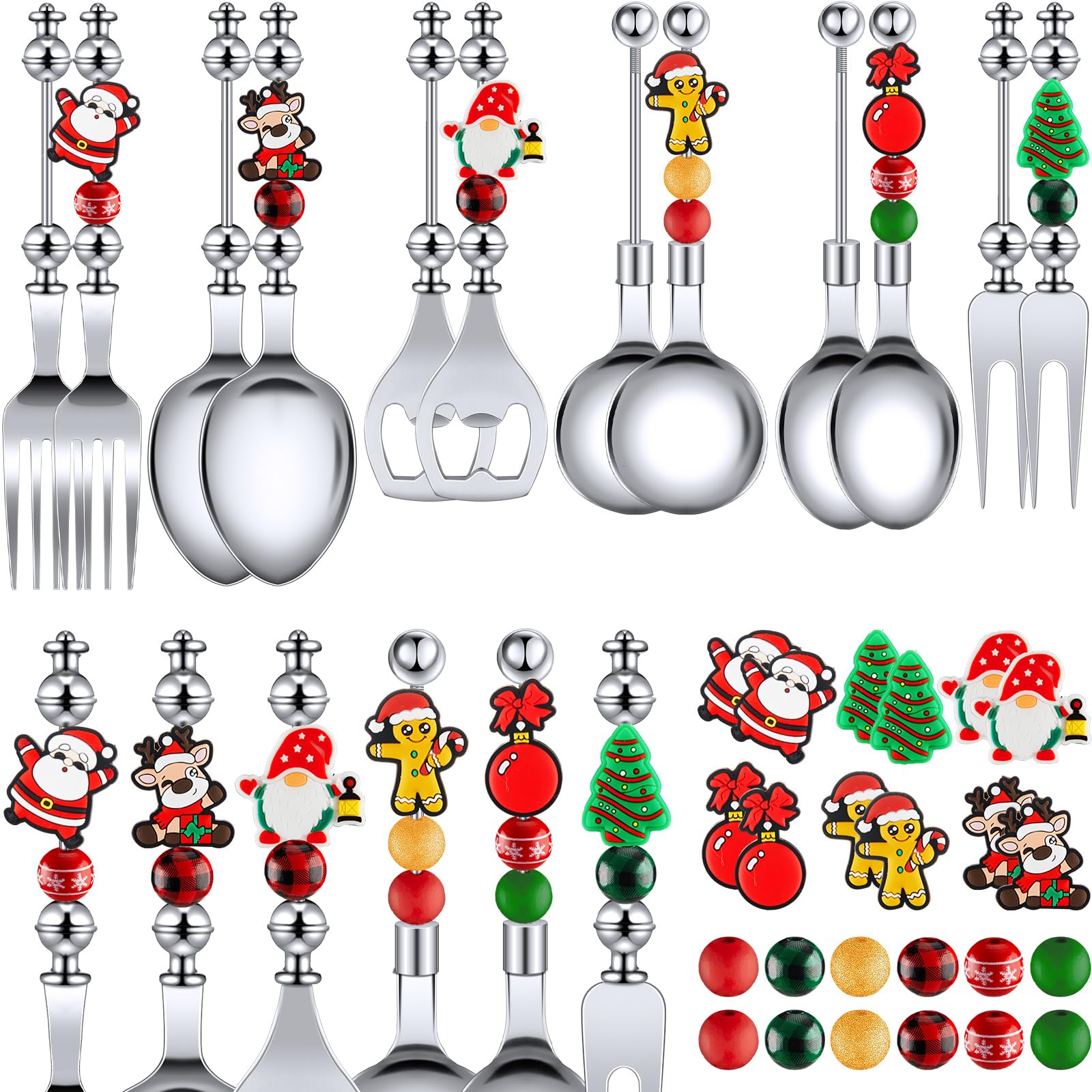 Gisafai 12 Sets Christmas Beadable Spoon Fork Set Beadable Items Christmas Kitchen Utensils Xmas Cutlery Bead Dessert Spoon for Xmas Party Favor Supplies