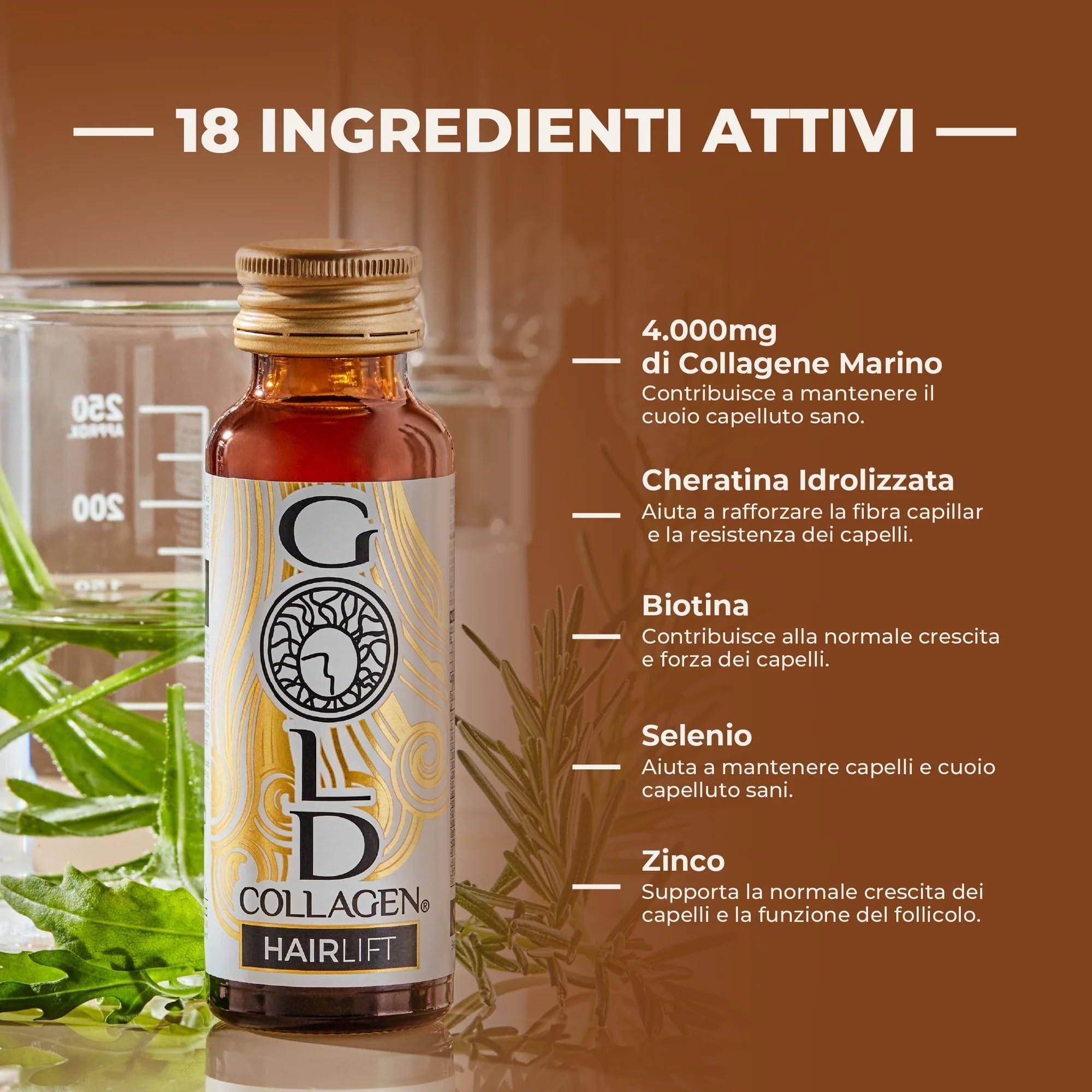 GOLD COLLAGEN Hairlift - Integratore Capelli Liquido al Collagene Marino con Acido Ialuronico, Biotina Capelli, Cheratina, Zinco, Vitamina C e B6, Fortifica Capelli Pelle Unghie - 10 Flaconi da 50 ml