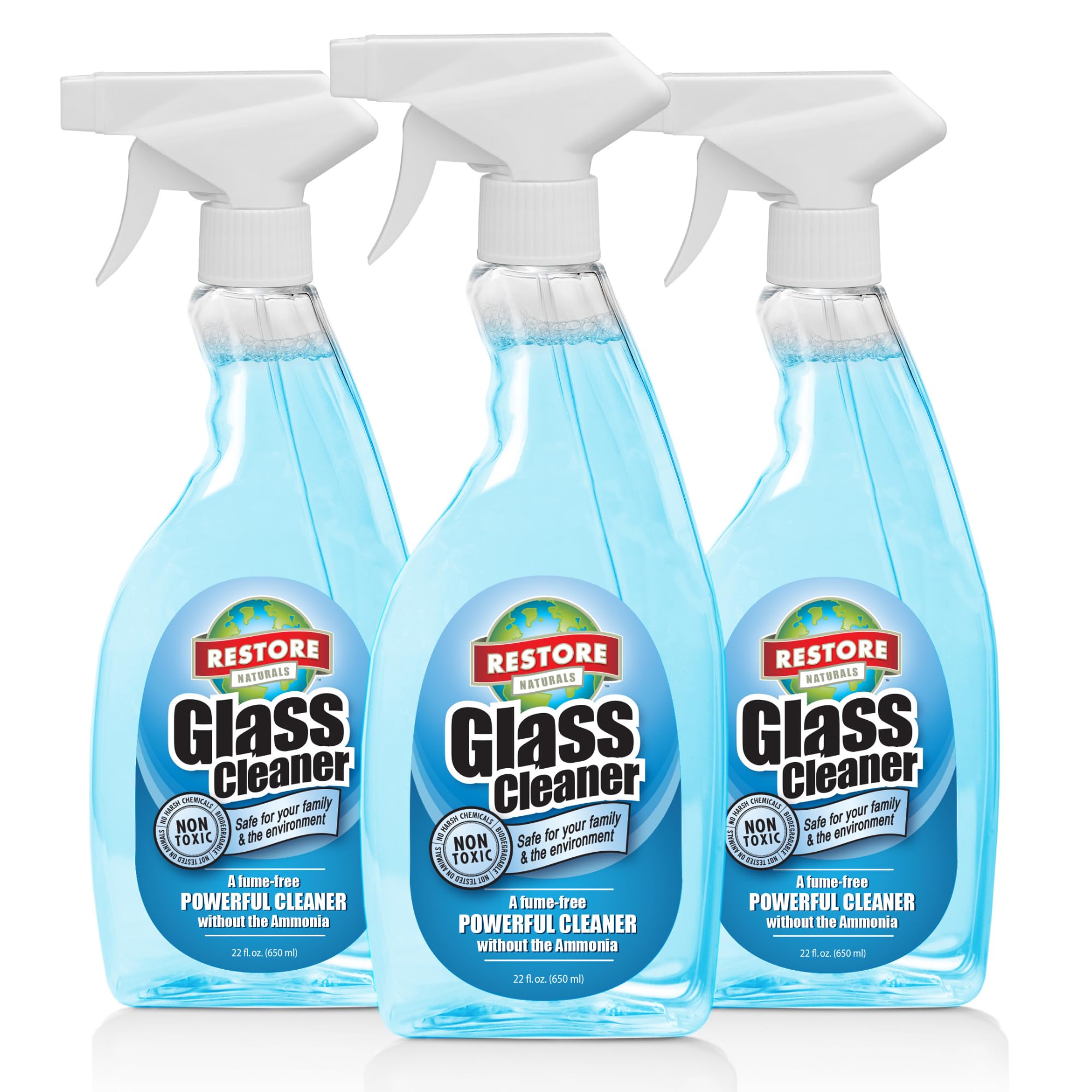 Restore Naturals 22oz Non Toxic Glass Cleaner Spray - Ammonia Free | Fume Free | Plant Based | Biodegradable - NOT FOR SALE IN CA or NY - 3 Pack