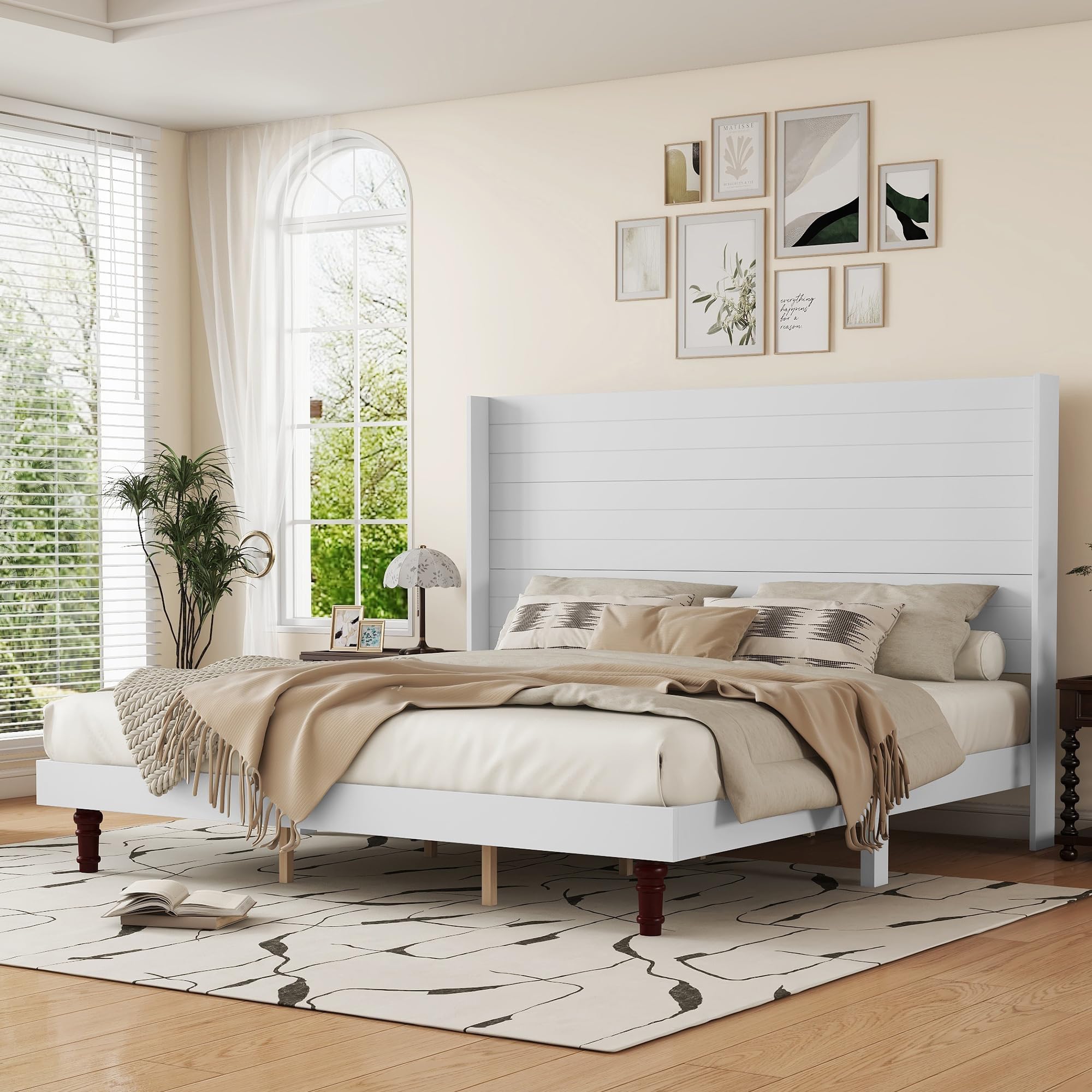 White King Size Platform Bed Frame with 54 Tall Headboard Comfortable High Back Design Ideal for Reading or