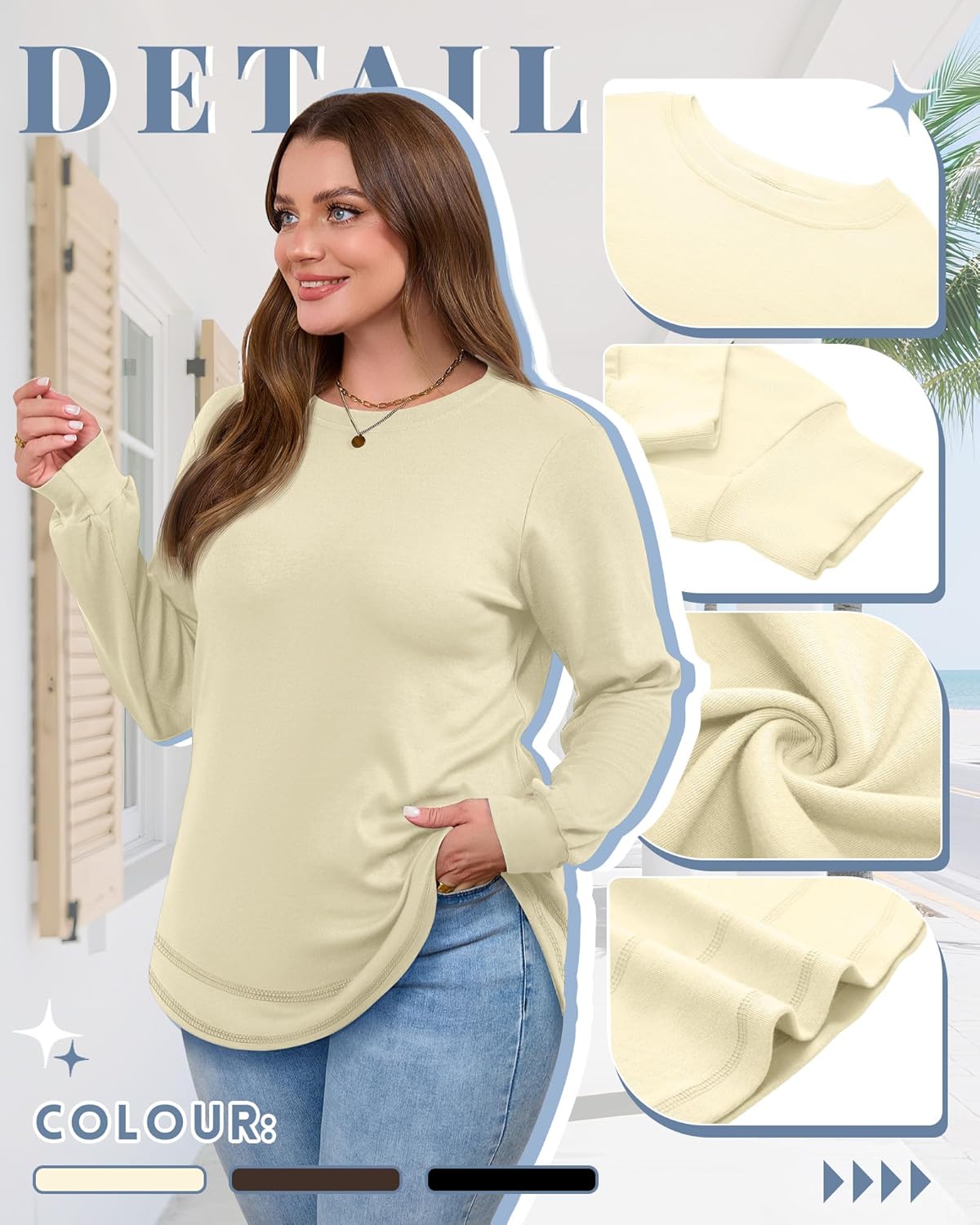 3 Pack Women's Plus Size Sweatshirts, Long Sleeve Cotton Tees Crew Neck Pullover Shirts Tunic Curved Hem T-Shirts - Image 5