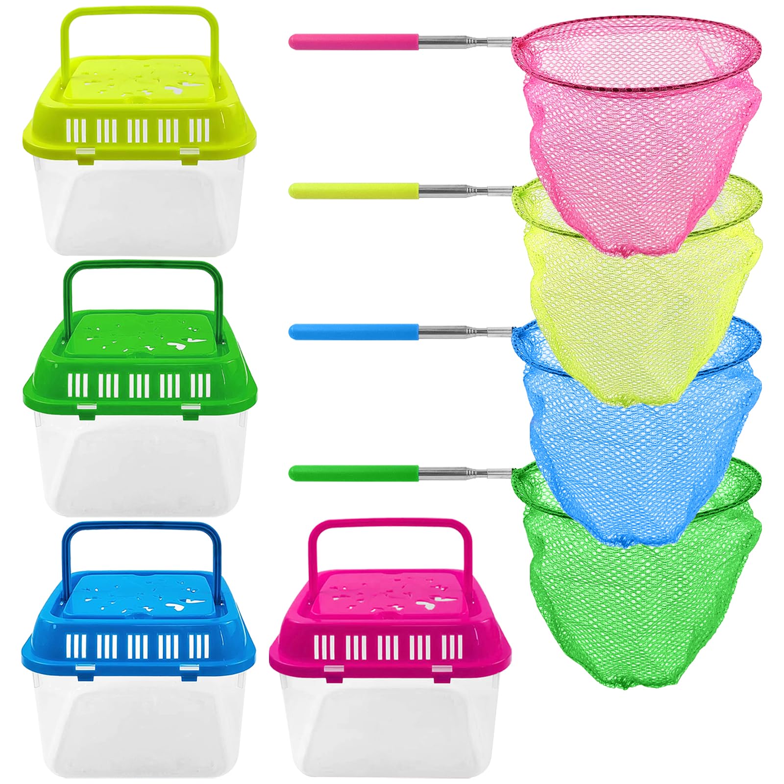 4Sets Catch and Release Plastic Beach Aquarium Kit,Great Concept for Catching and Release,Clear and Transparent Portable Handheld Tank with Retractable net Bag for Beach, Pool and Lake