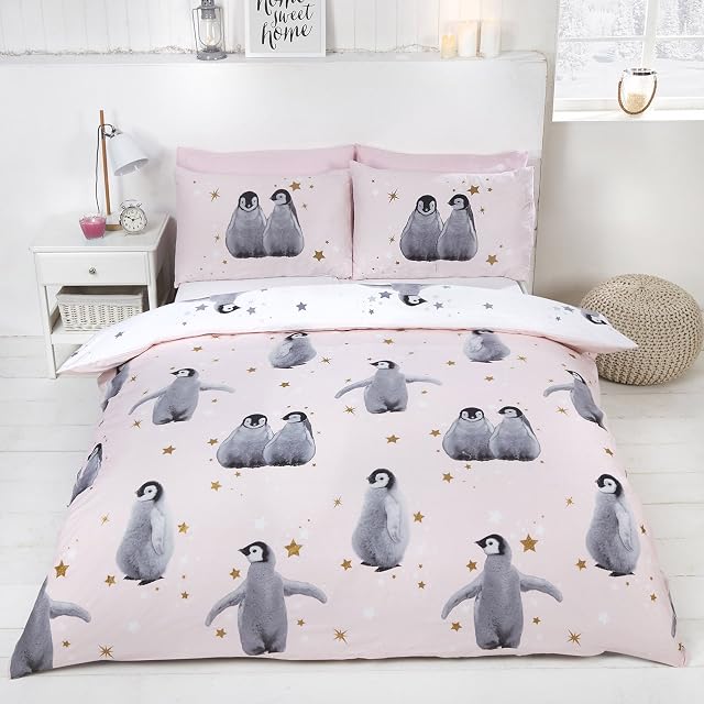 Just Contempo Novelty Christmas Baby Penguin Duvet Cover Set, Pink  Double