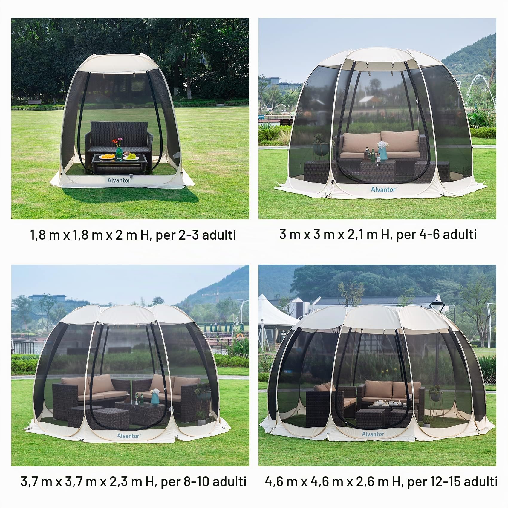 Alvantor - Tenda gazebo per 6-10-15 persone, tenda a baldacchino con zanzariera, protezione solare istantanea, resistente ai raggi UV, per giardino, patio, cortile