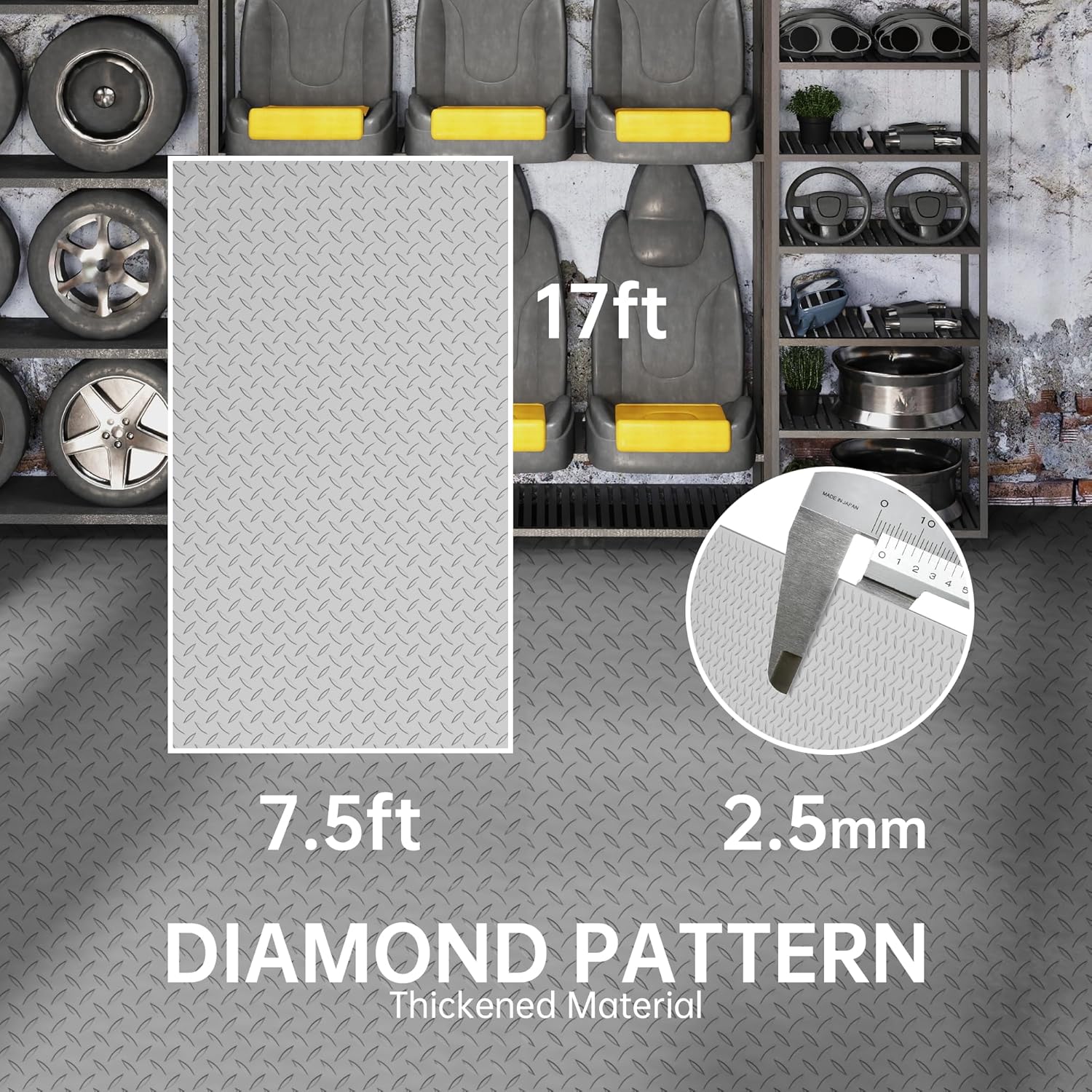 7.5 x 17 FT Garage Floor Mat, 2.5 mm Thickness Diamond PVC Garage Flooring Roll, Floor Protector Mat for Garage Warehouse Gyms, Grey - Image 2