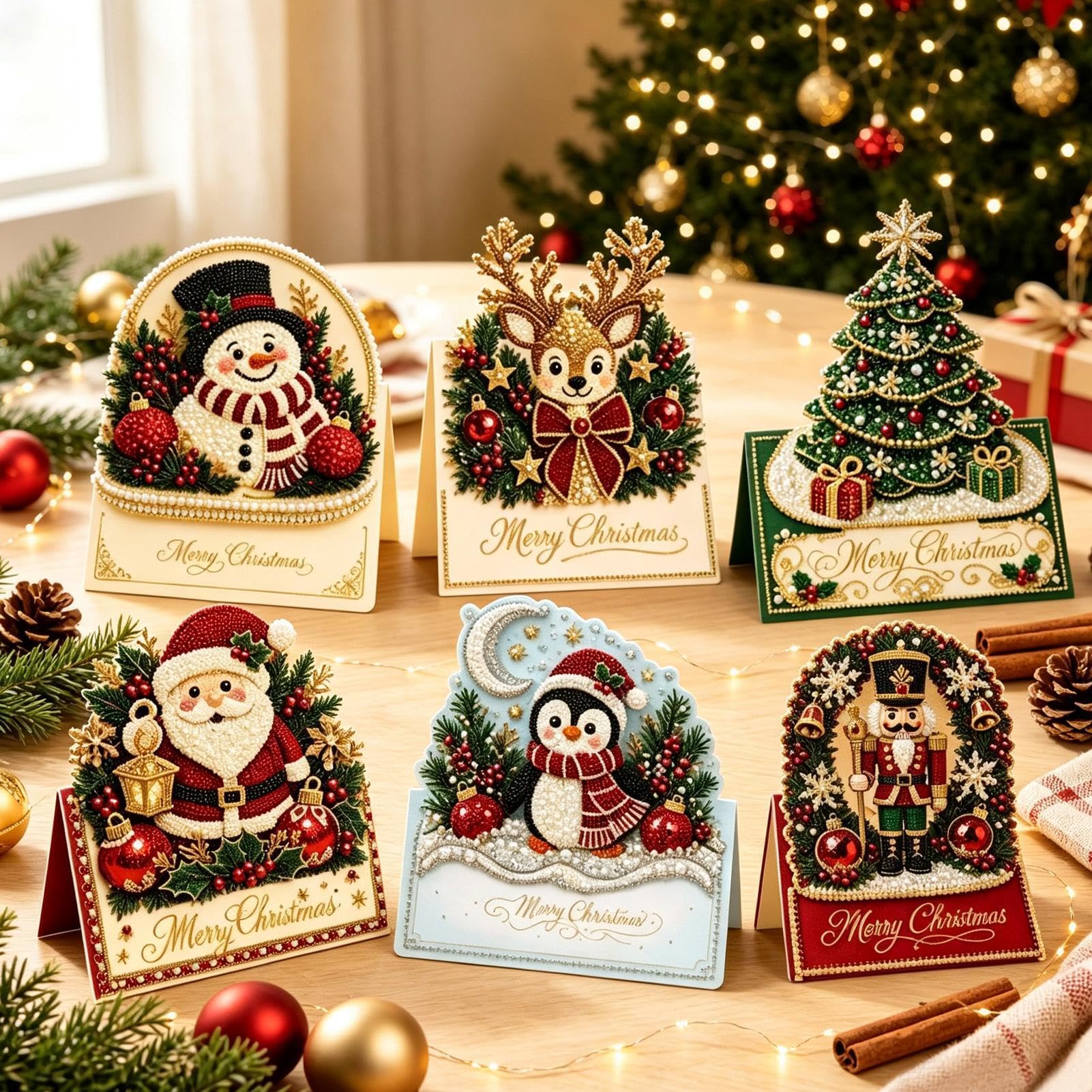 DIY Pearl Diamond Art Christmas Cards, 6PCS Diamond Art Painting Cards Kit