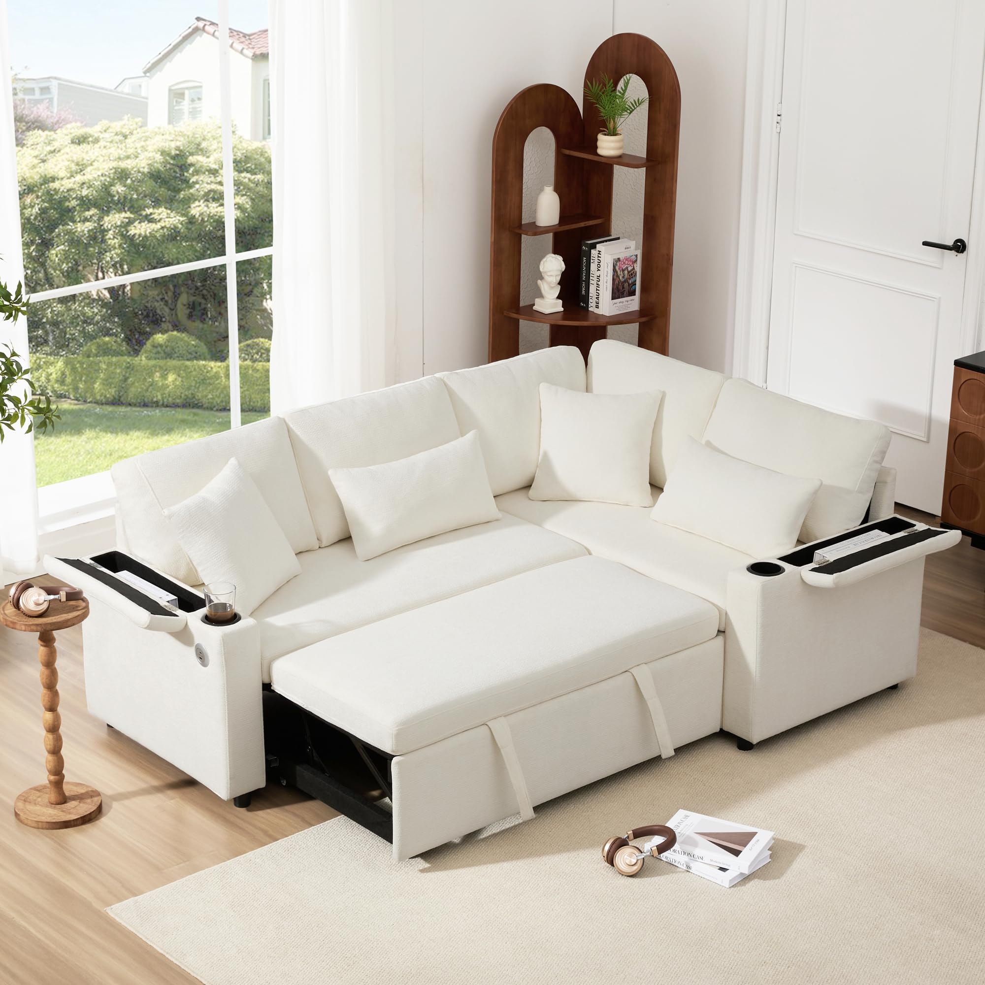 Bladez Divano letto a forma di L, divano ad angolo allungabile, velluto di ciniglia, chaise longue con vano portaoggetti, porta di ricarica, supporto per braccioli, per soggiorno (beige-A)