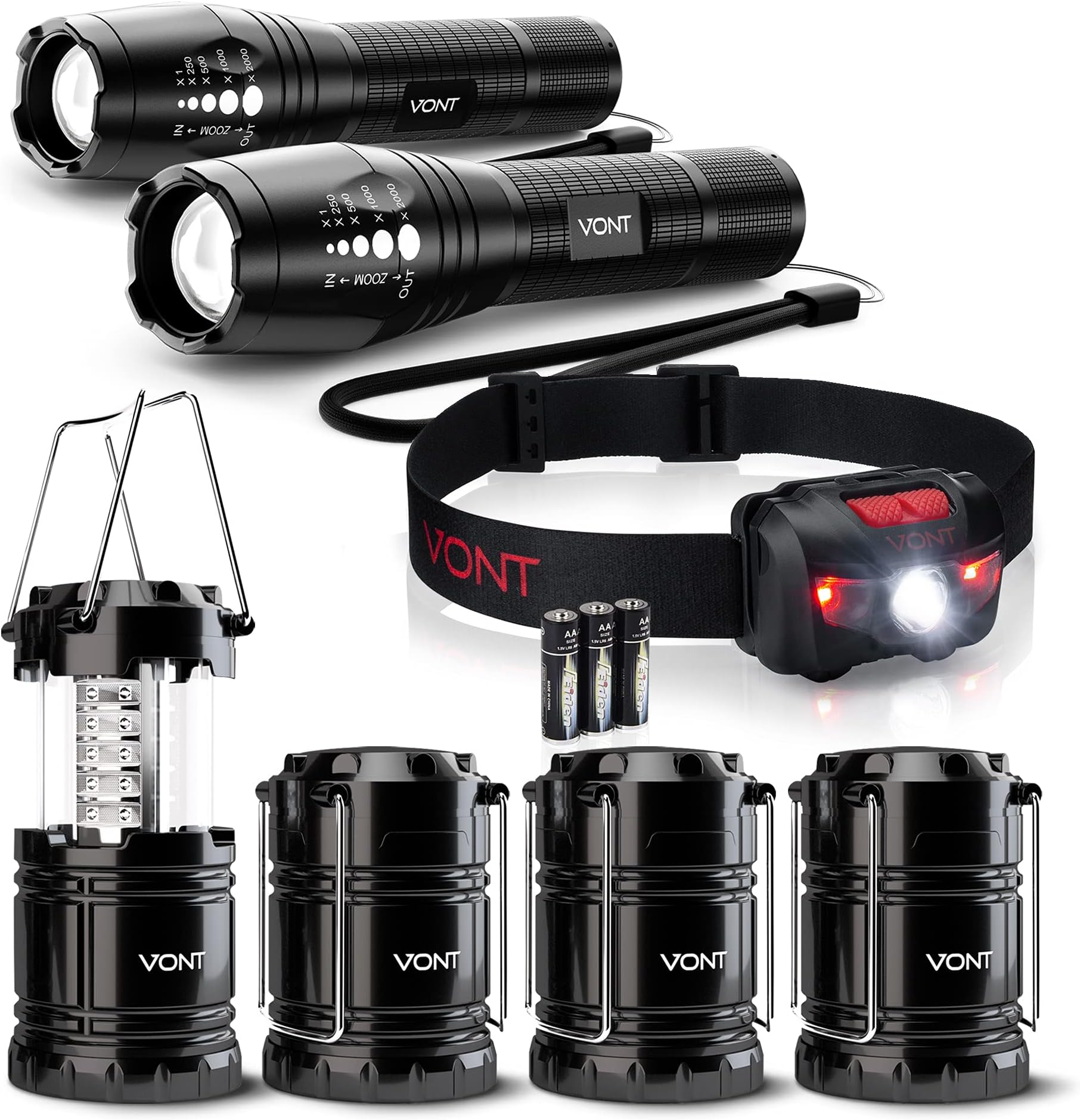 Vont Camping Lighting Bundle - 4-Pack LED Camping Lanterns + Tron Headlamp + Blaze 2 Pack Flashlight– The Ultimate Lighting Pack for The Great Outdoors & Camping Adventures
