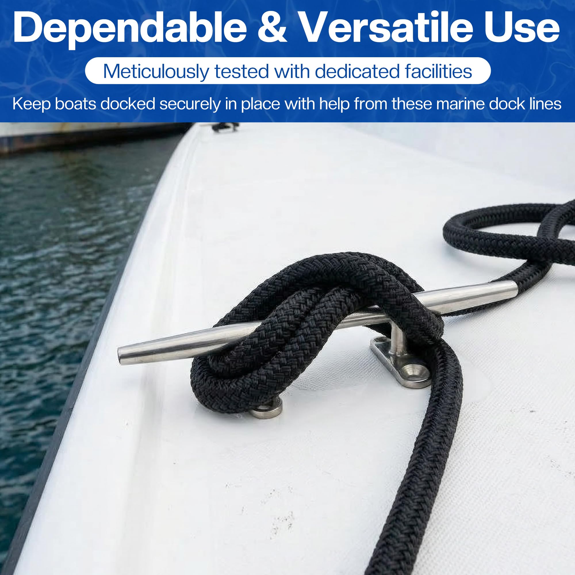 Bungee-Dockleine für Boote, 0,95 cm x 3 m, doppelt geflochtenes Nylonseil mit Edelstahl-Karabiner-Clips, schwarz, verstellbare Spannung, Festmacherseil mit Schaumstoffschwimmern, 2 Stück