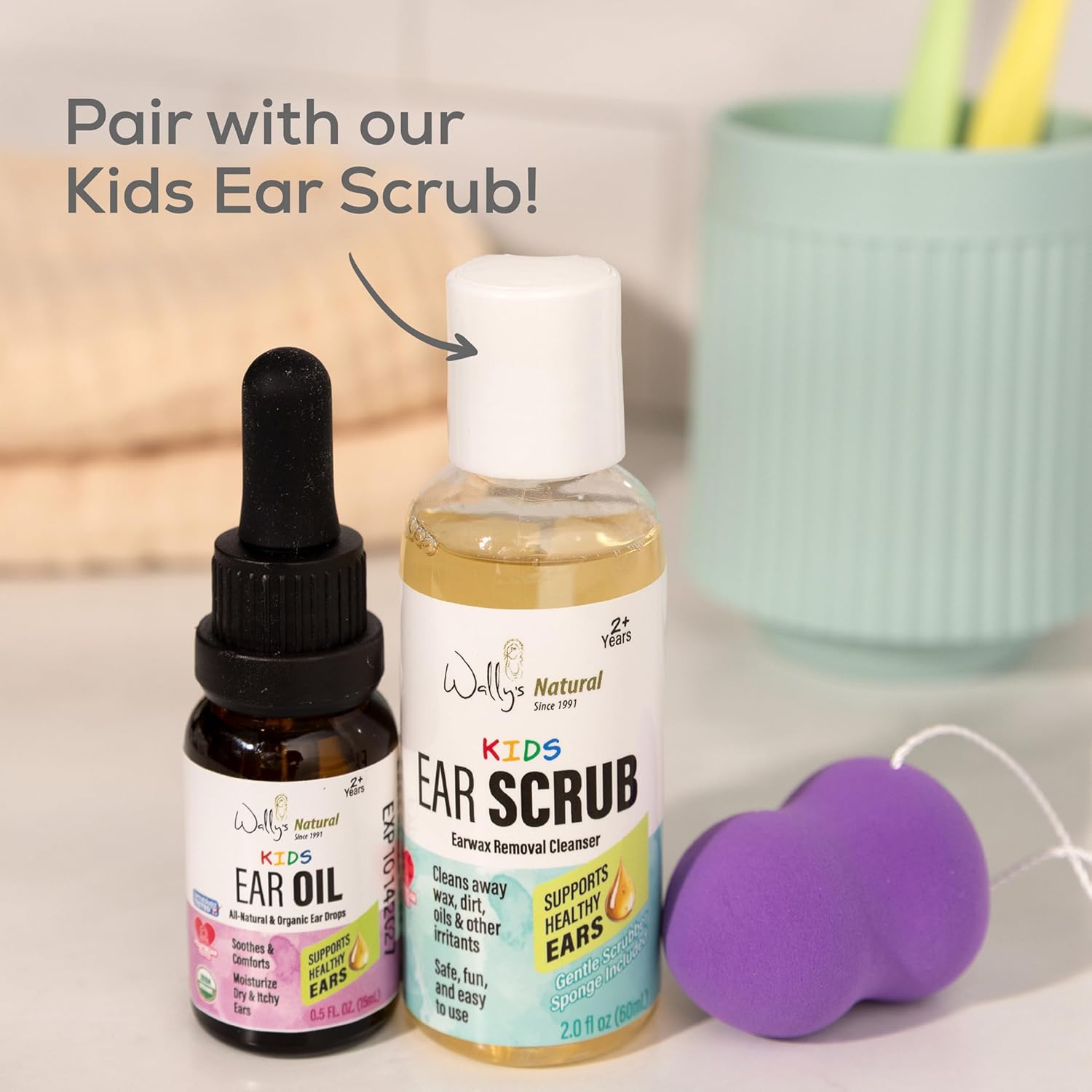Wally's Natural Organic Kids Ear Oil Drops, Comforts & Soothes Ears, Pediatrician-Consulted, Safe for Kids 2+, Infused with Garlic, Mullein, Tea Tree & Echinacea, 0.5 Fl Oz
