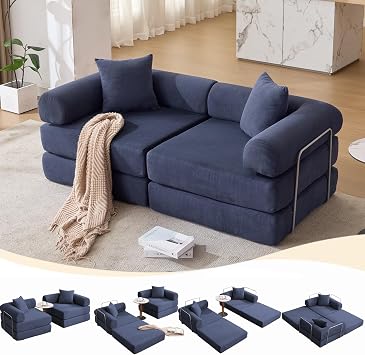 73" Convertible Modular Folding Sofa Bed, 5-in-1 DIY Combination Fold Out Sleeper Sofa Bed, Loveseat sleeper Couch with Removable Armrests, Corduroy Floor Couch, Small couches for small spaces, Blue