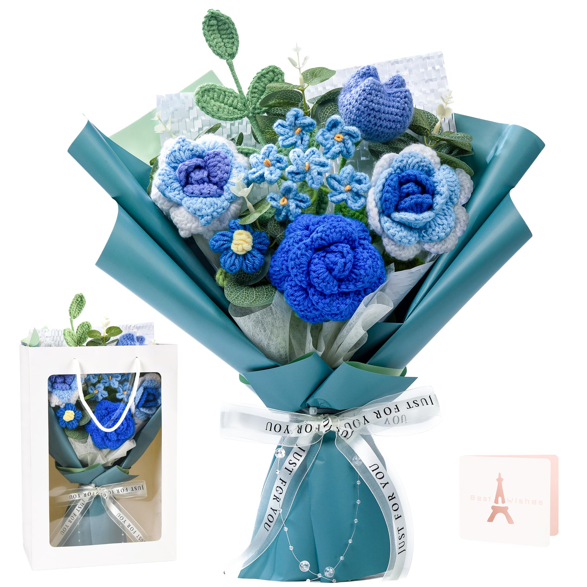 Blue Crochet Flower Bouquet, Handmade Crochet Flowers Graduation Gift for Class of 2026, Graduation Gifts for Friends, Father's Day Teacher's Day Weddings Birthdays Knitted Flower Includes Bag & Card