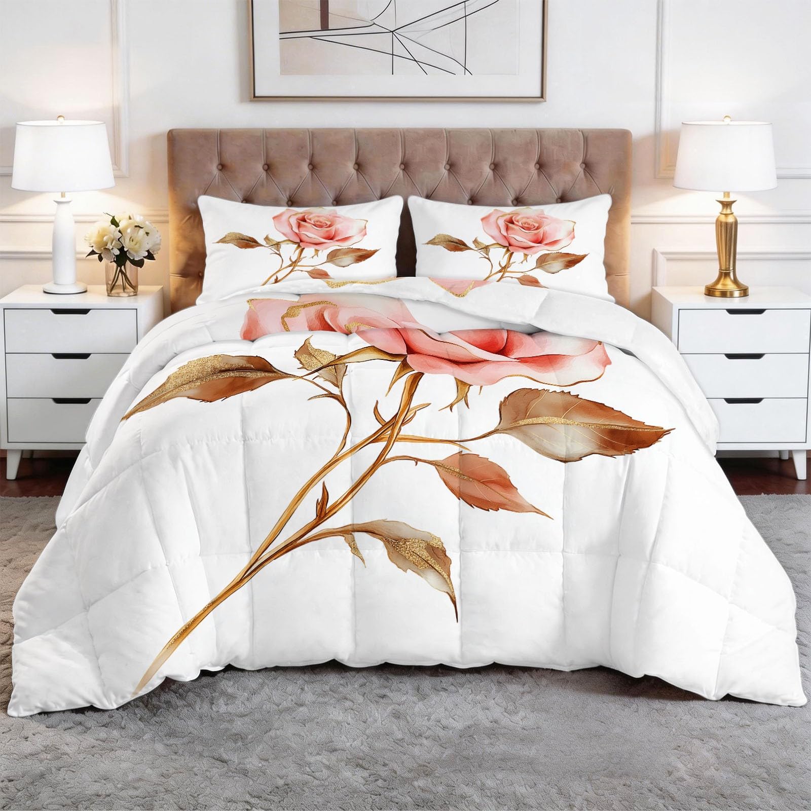 Genérico Wygodna kołdra 200 x 200 cm różowa różowa prosta i elegancka kołdra z nadrukiem z wypełnieniem z włókna, nordycka zimowa miękka, lekka, dwustronna i oddychająca, biała