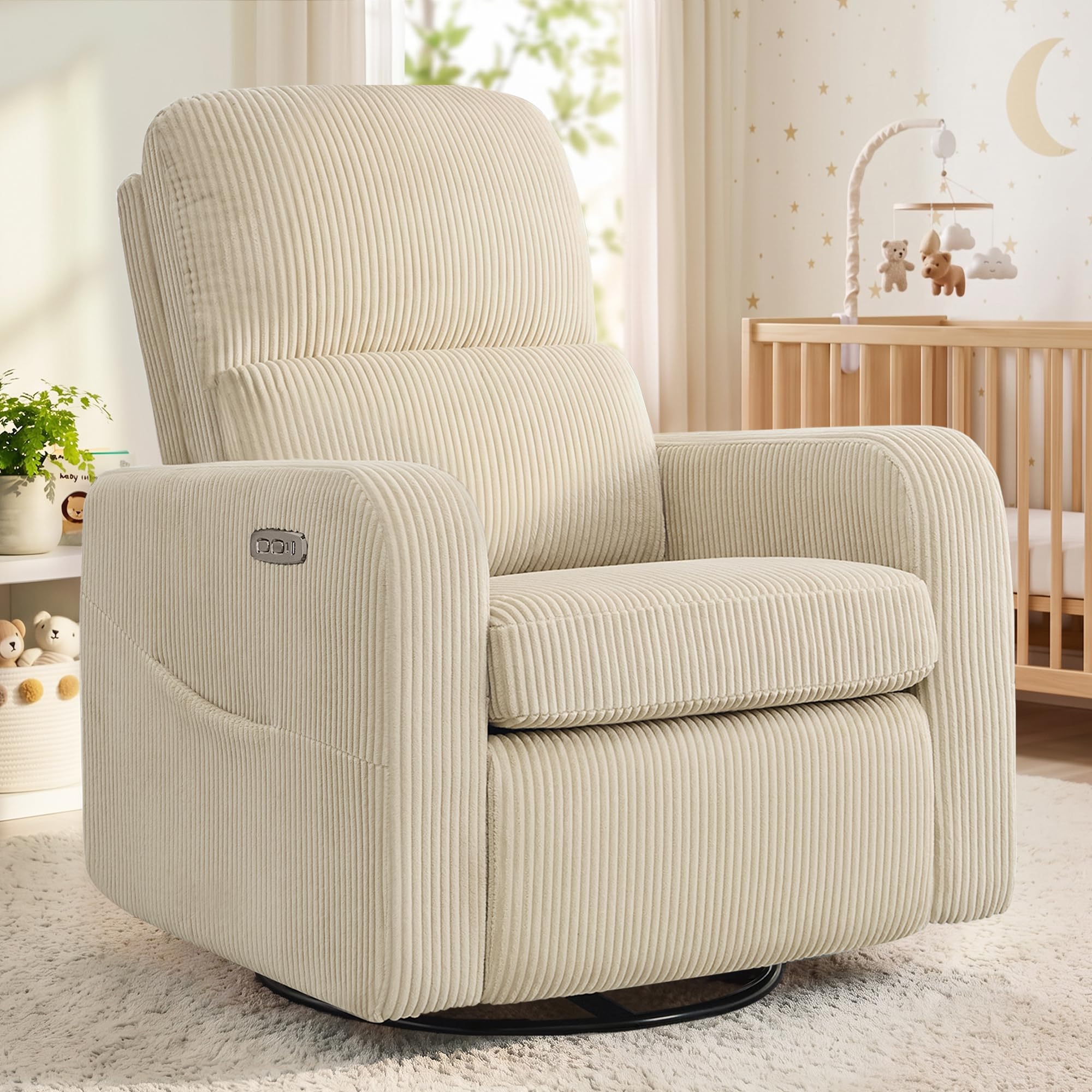 Swivel Rocker Recliner, Oversized Power Recliner Nursery Glider with Removable Cushion, Upholstered Corduroy Swivel Reclining Chairs for Nursery Living Room Bedroom, Camel
