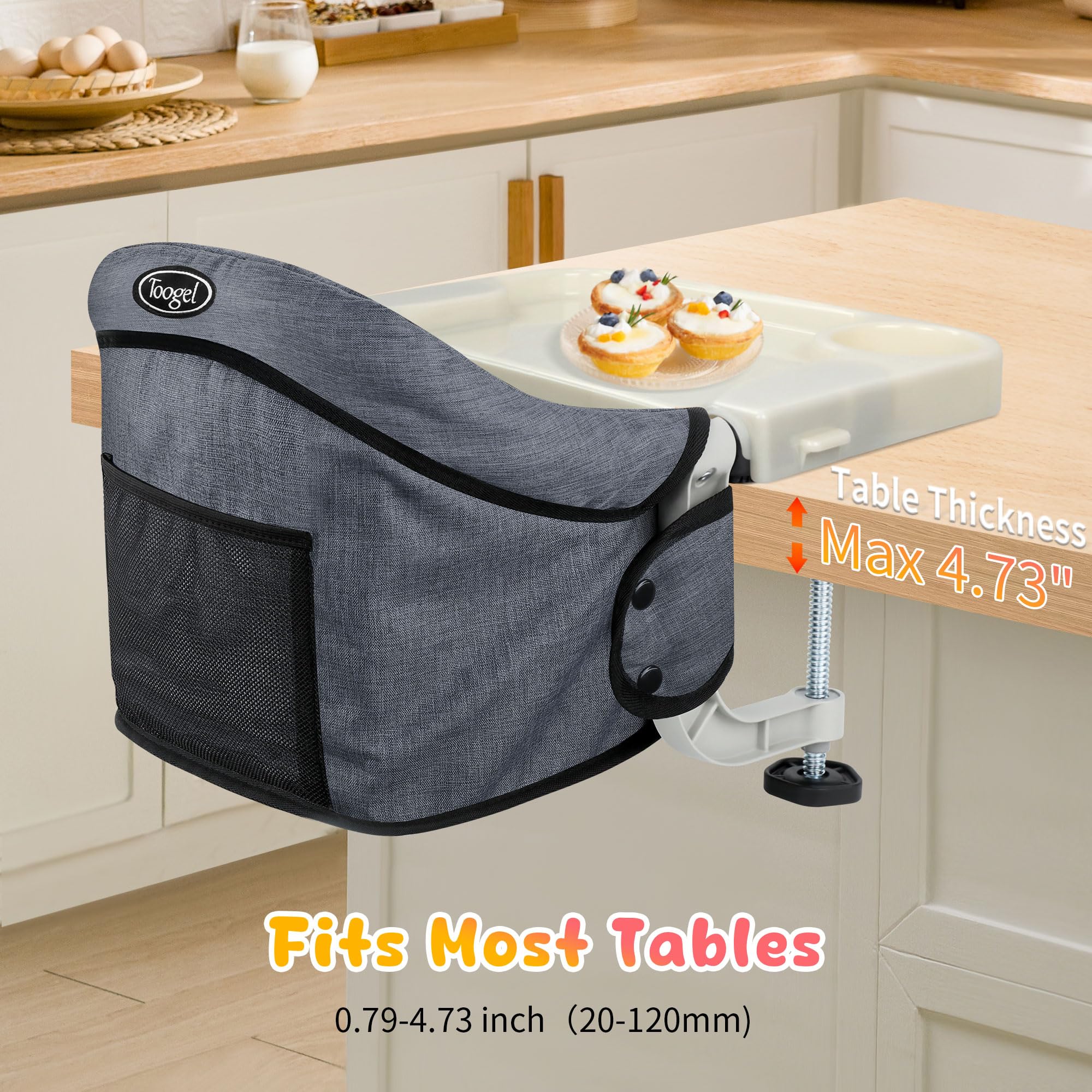 Toogel Silla de Mesa para Bebé con Bandeja Extraíble, Trona Portátil con Correas de Seguridad, Asiento de Mesa Infantil con Bolsa de Transporte para Casa y de Viaje (Gris)
